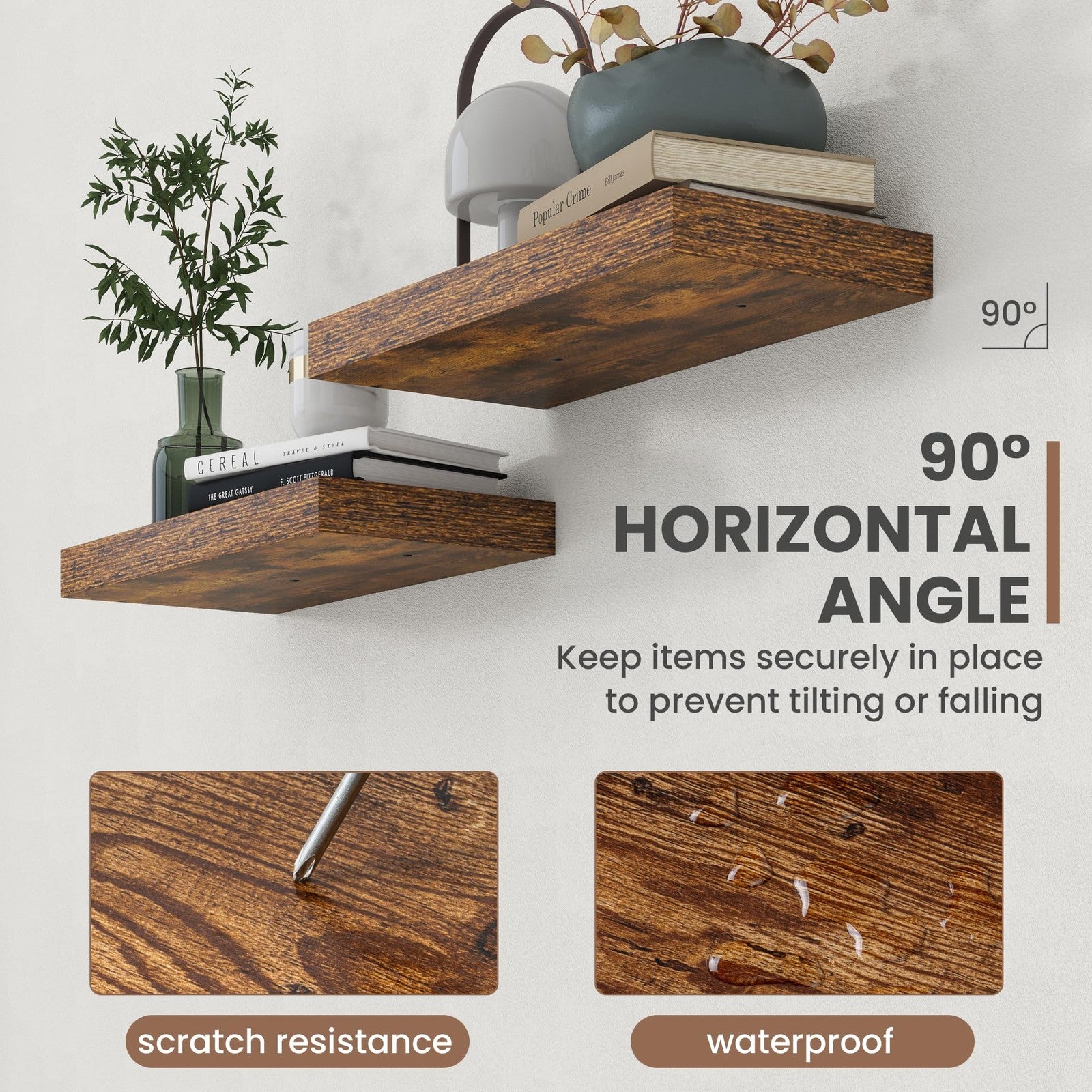 Acovy 24-inch floating wall shelves with 8-inch depth, showcasing modern wooden design for home or office storage.