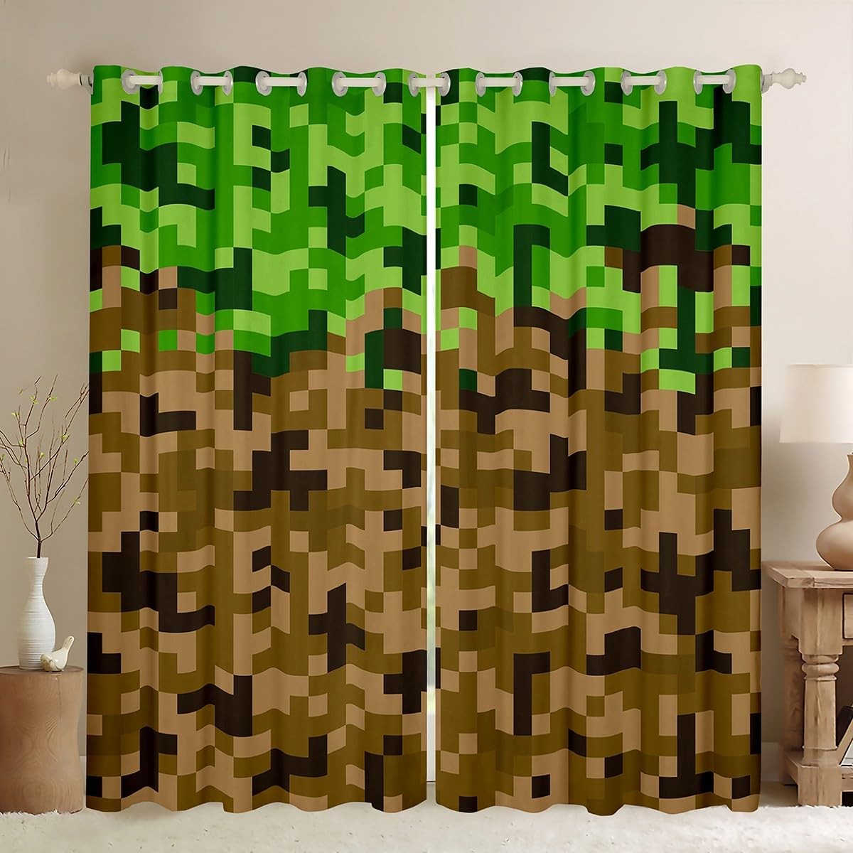 Brown and green army camo square grid window curtain by Castle Fairy, designed for kids' rooms, featuring a miners style pattern.