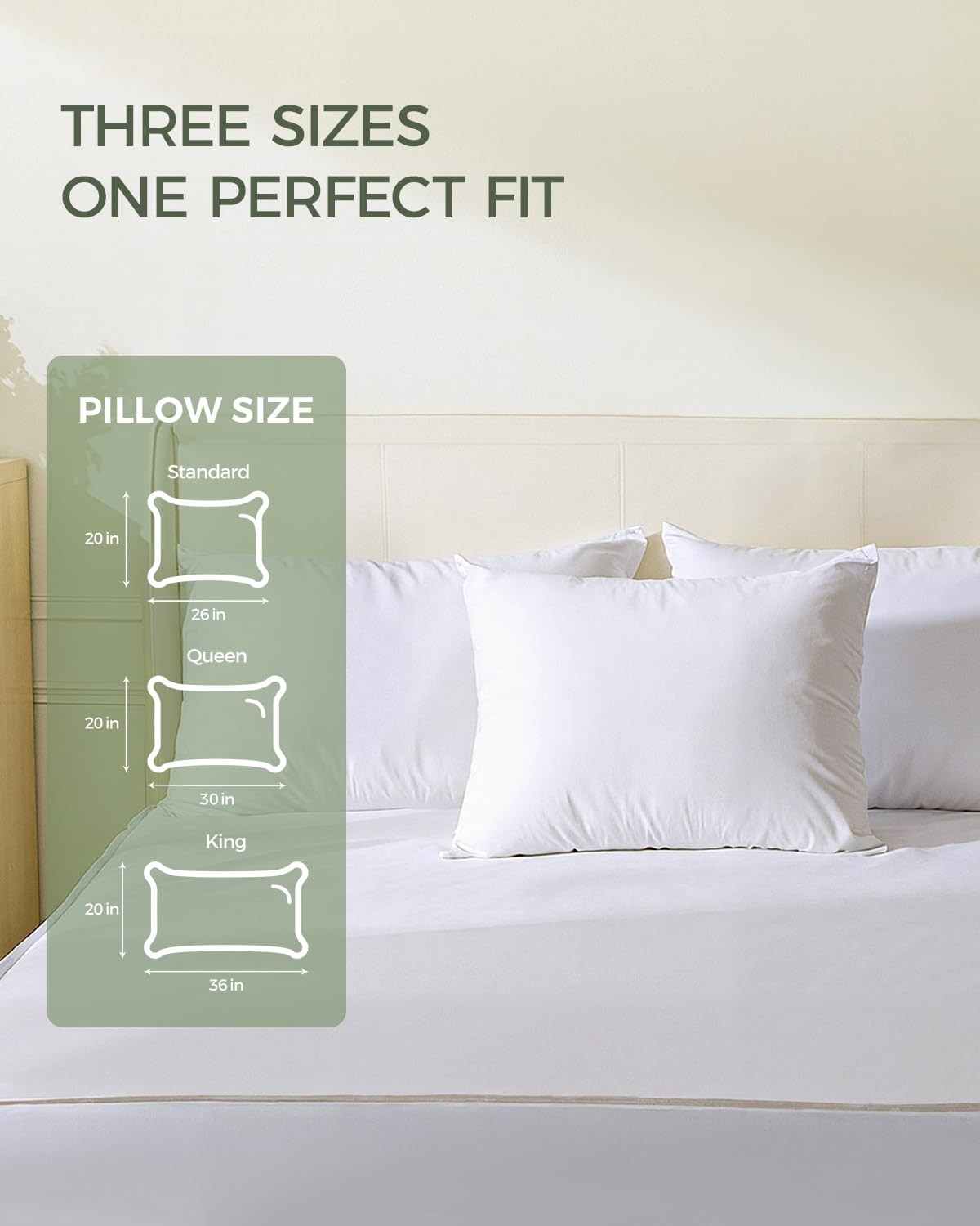FAUNNA 100% cotton pillow protectors with bed bug proof, hypoallergenic, and antimicrobial features, shown on a bed.
