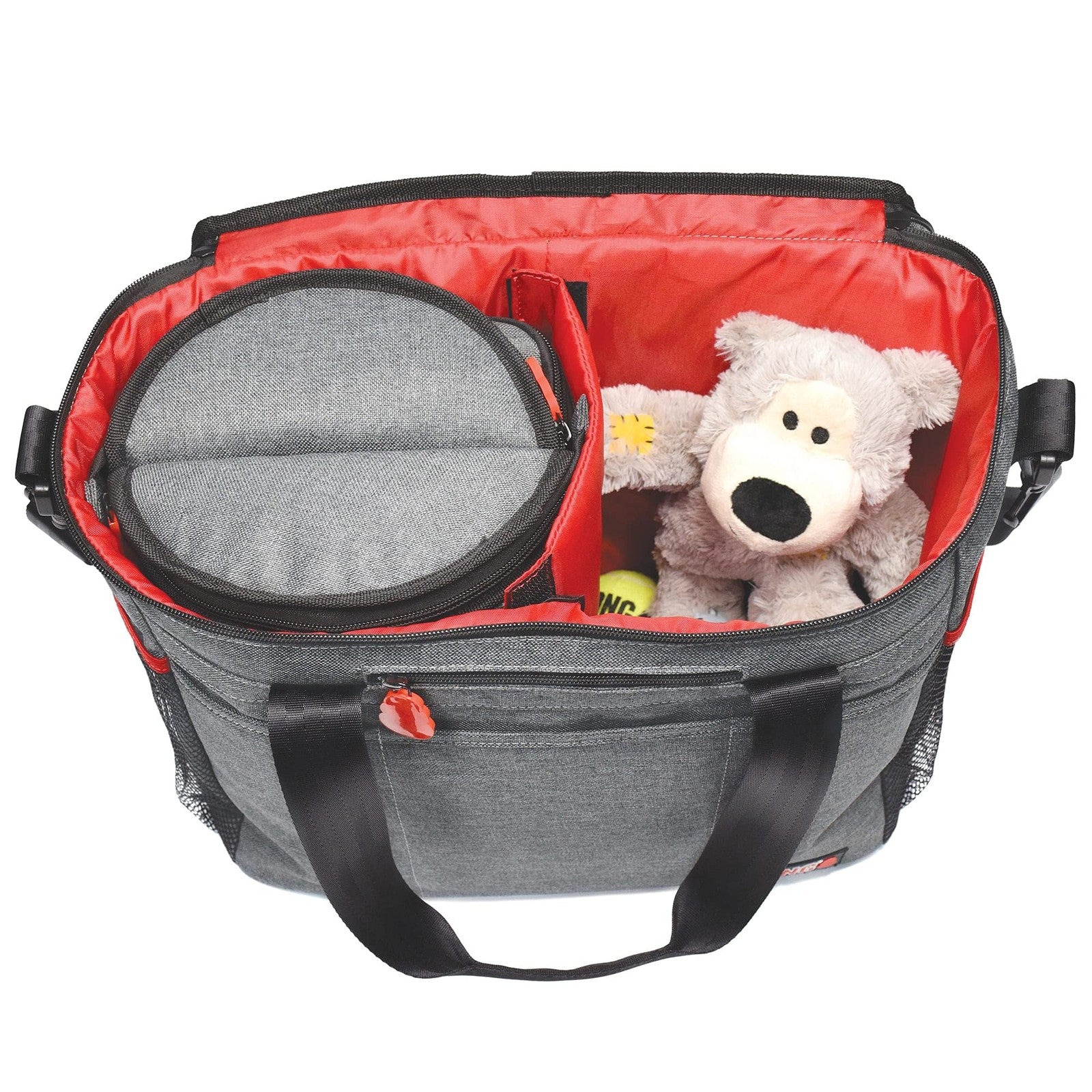 KONG 5-piece pet travel bag set with washable tote, food storage, and collapsible bowls for pet on-the-go convenience.