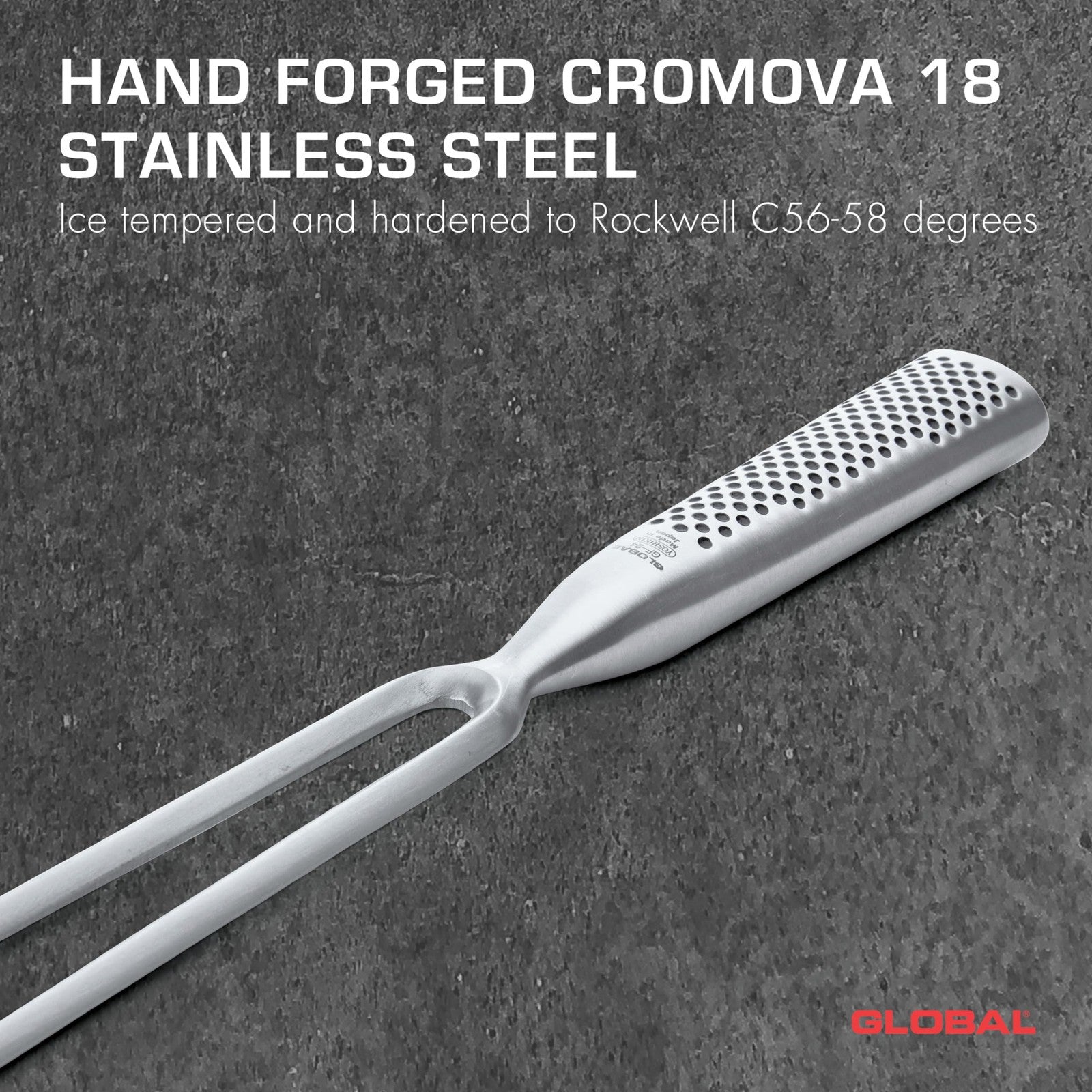 Global 7-inch forged carving fork, lightweight Japanese stainless steel with straight tines for precise meat carving.