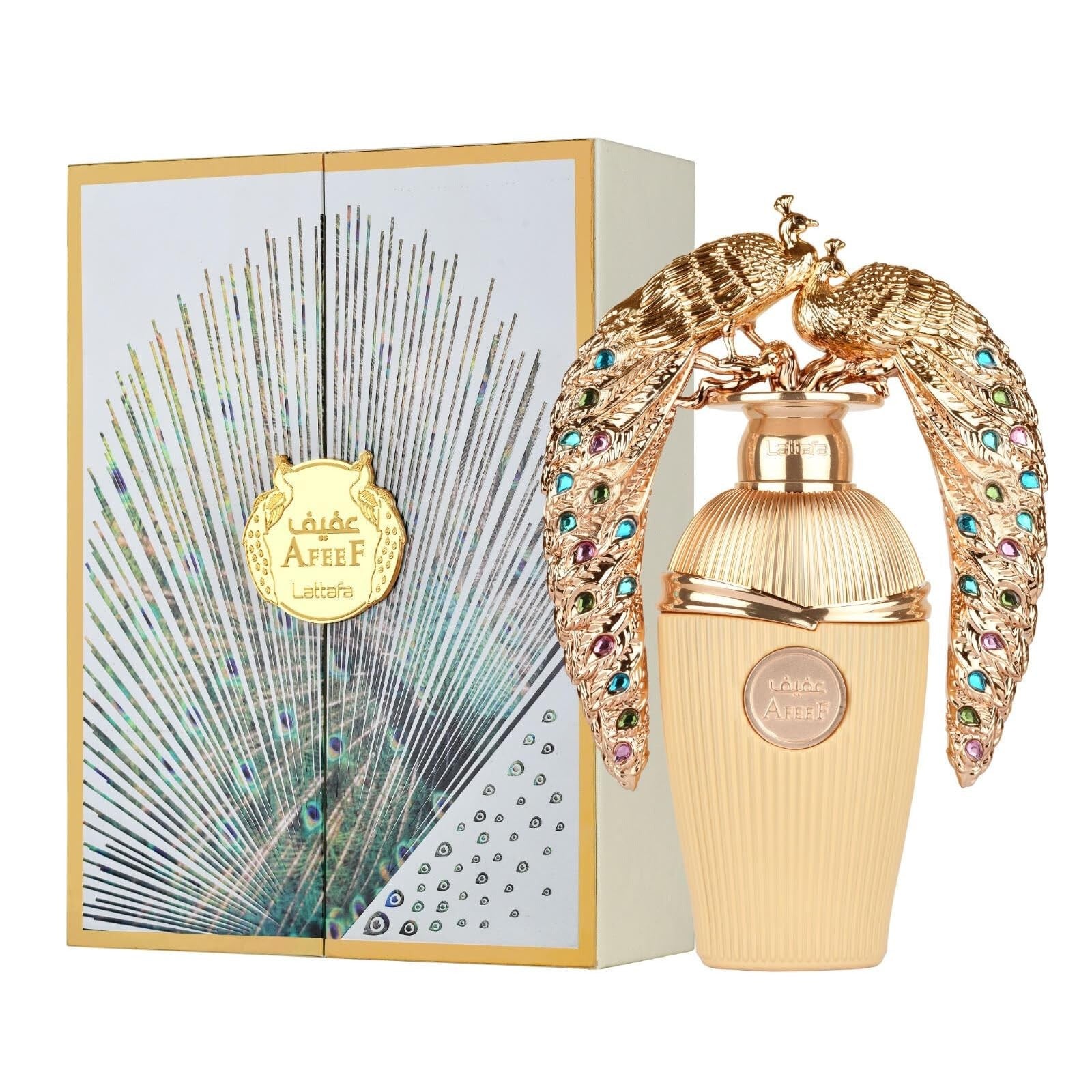 Lattafa Afeef unisex EDP spray 3.4oz bottle with floral and warm fragrance notes, elegant design and branding on the bottle.