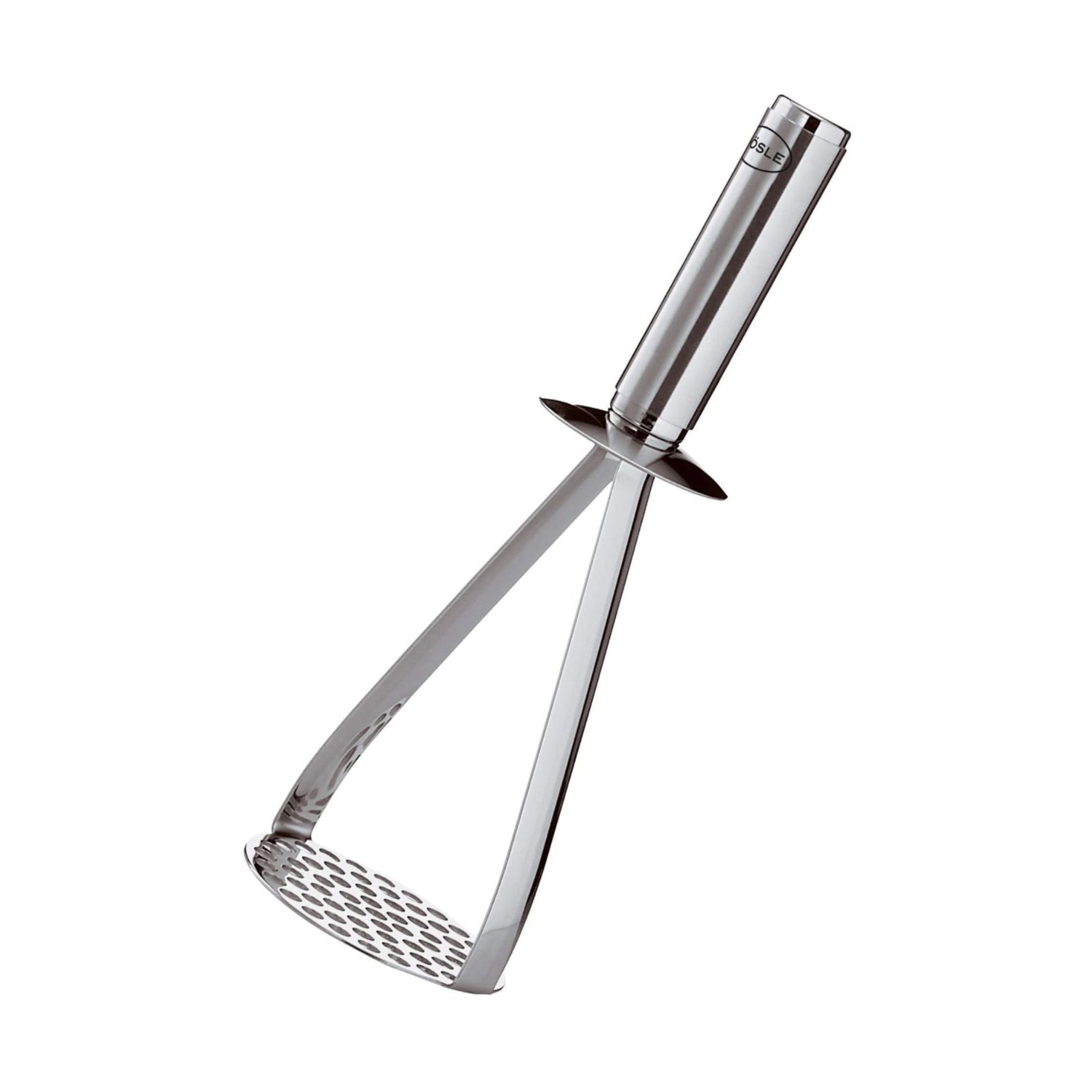 Rösle potato masher with stainless steel handle for mashing potatoes and root vegetables in a kitchen setting.