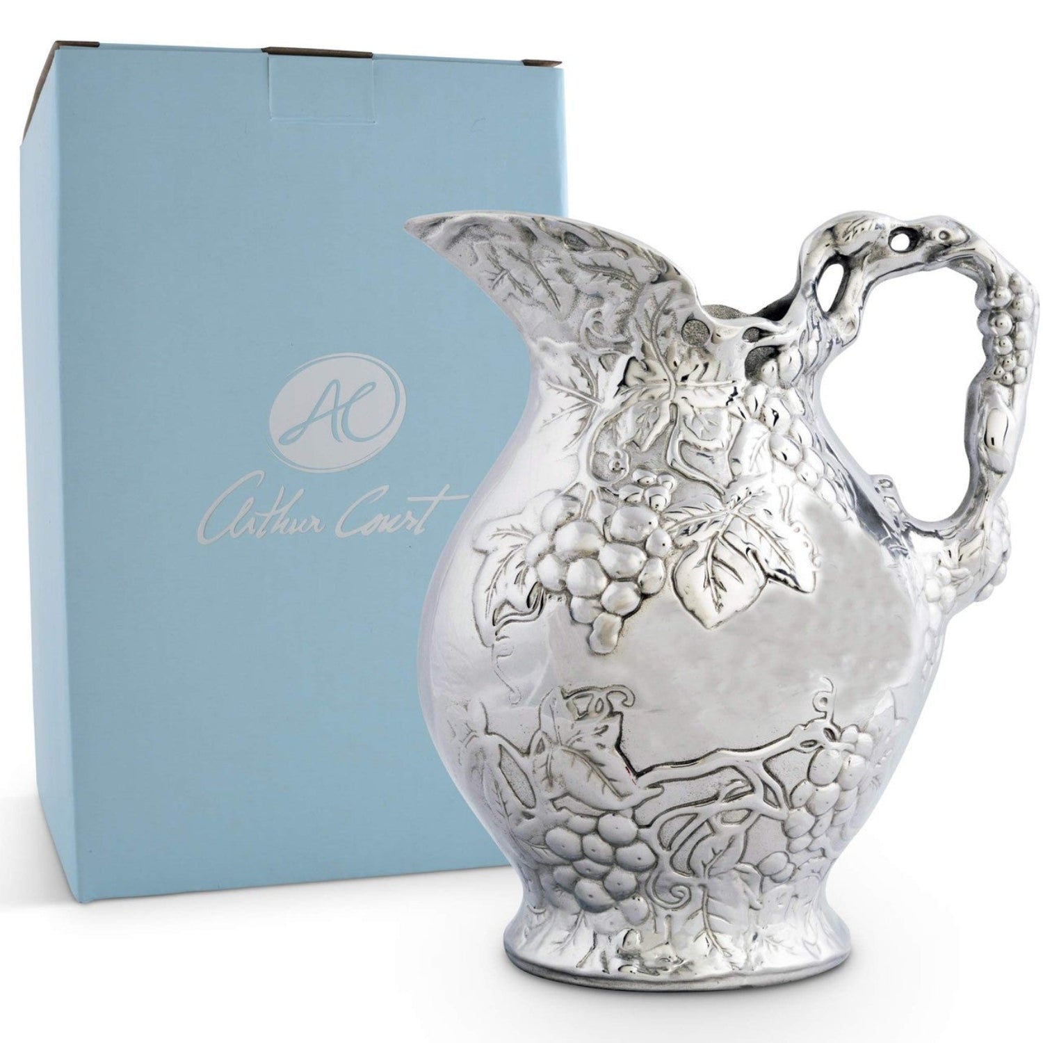Arthur Court metal vineyard pitcher featuring a grape pattern, sand-cast aluminum design with detailed grape and vine motifs.