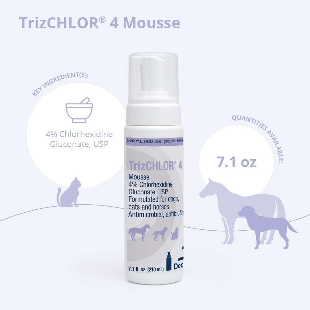 TrizCHLOR 4 Mousse for dogs, cats, and horses in a 7.1-ounce bottle, showing the foam mousse product with label and applicator.