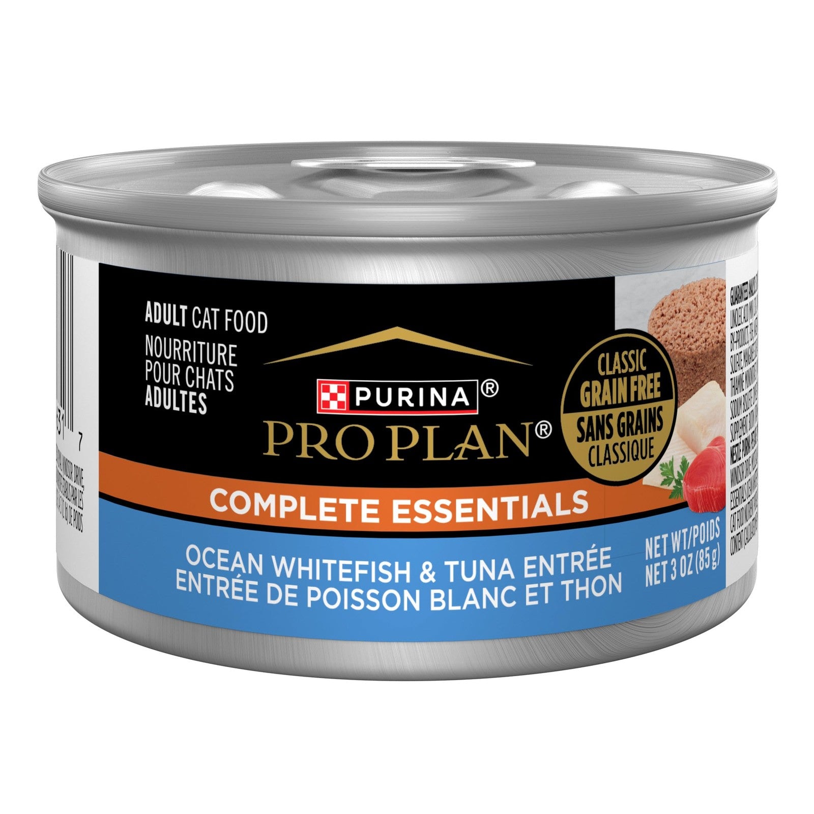 Cans of Purina Pro Plan grain-free wet cat food with ocean whitefish and tuna pate, displayed in a row.