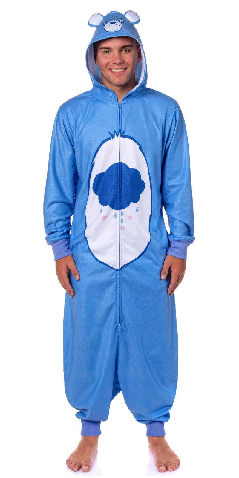 Mad Engine Care Bears hooded union suit, footless one-piece costume pajama featuring colorful Care Bears design and cozy fabric.