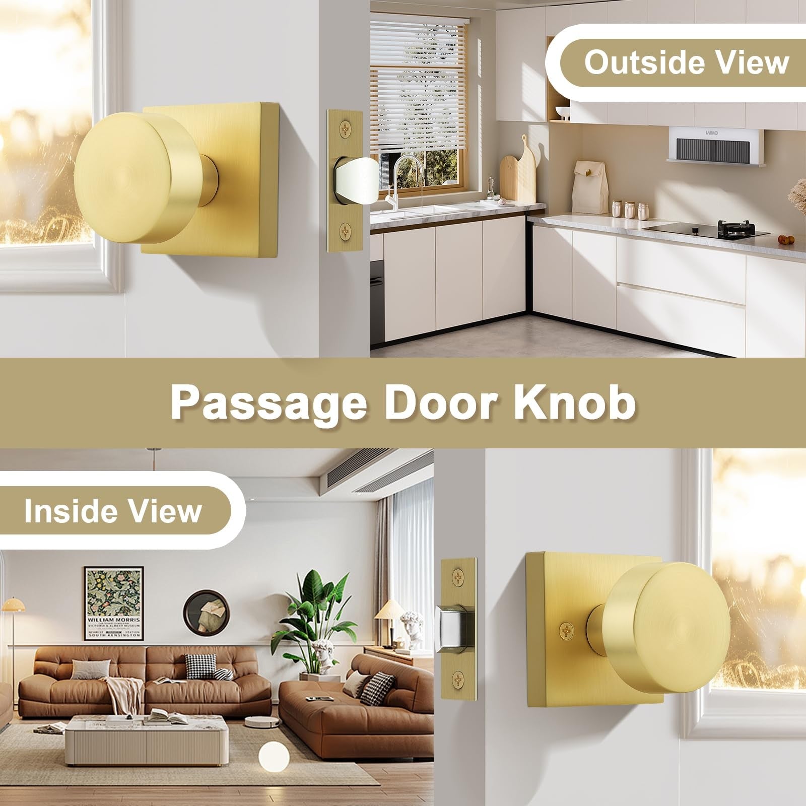 Probrico gold interior door knob with brushed brass finish, sleek handle design, no lock, suitable for indoor doors.
