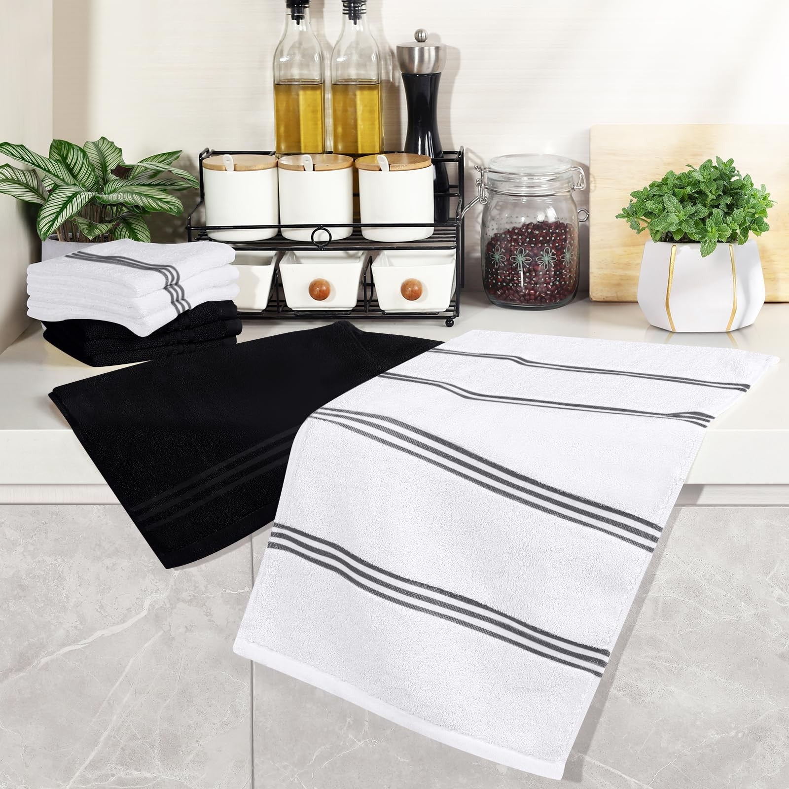 HULOSAN silicone oven mitts and pot holders with cotton dish towels for kitchen, heat-resistant and durable kitchen accessories.
