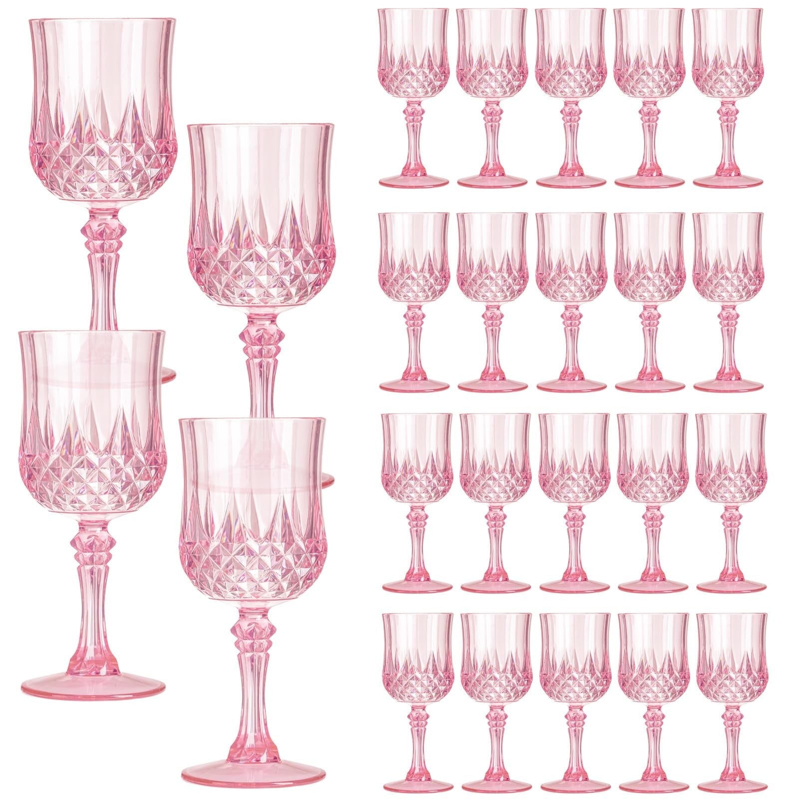 Set of 24 pink plastic wine glasses with stems, ideal for parties, made by XKXKKE, featuring clear, durable plastic water goblets.