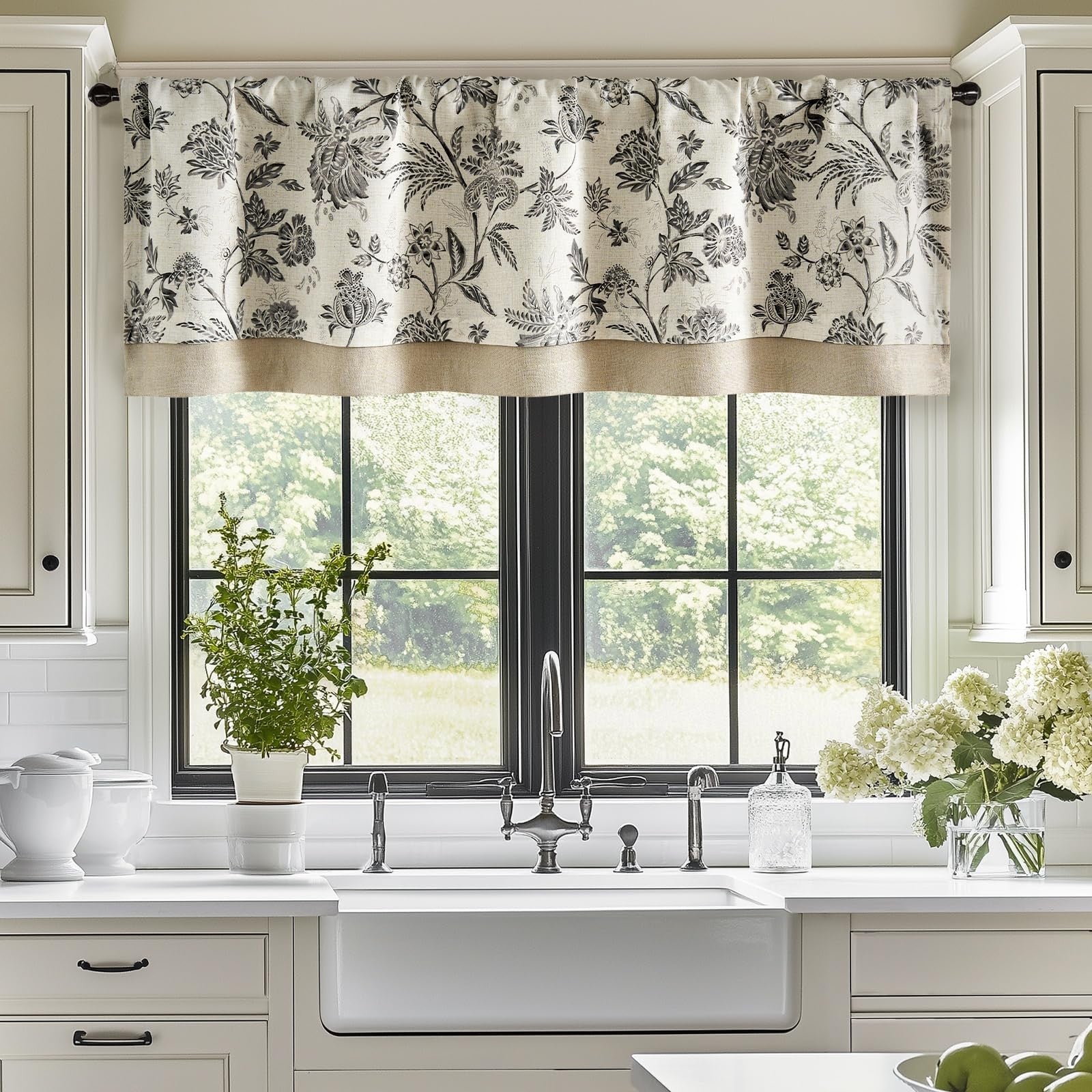 Vangao linen farmhouse floral valance curtain for small windows, featuring a cottage-style design with delicate floral patterns.