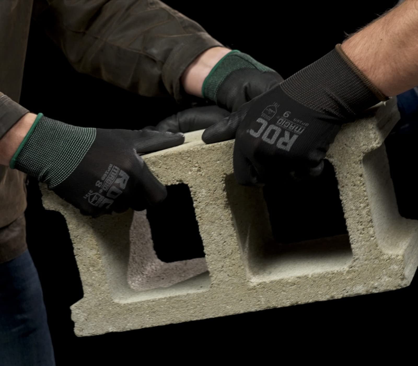 Pair of Magid Roc lightweight polyurethane palm coated work gloves in a box, shown with 12 pairs in the image.