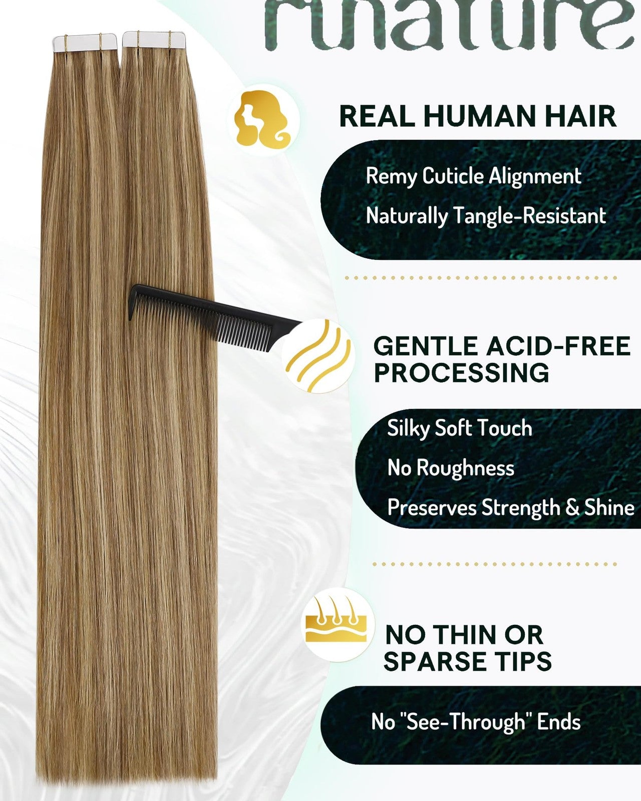 Runature blonde tape-in human hair extensions showing seamless, natural-looking tape-in extensions on a model's hair.