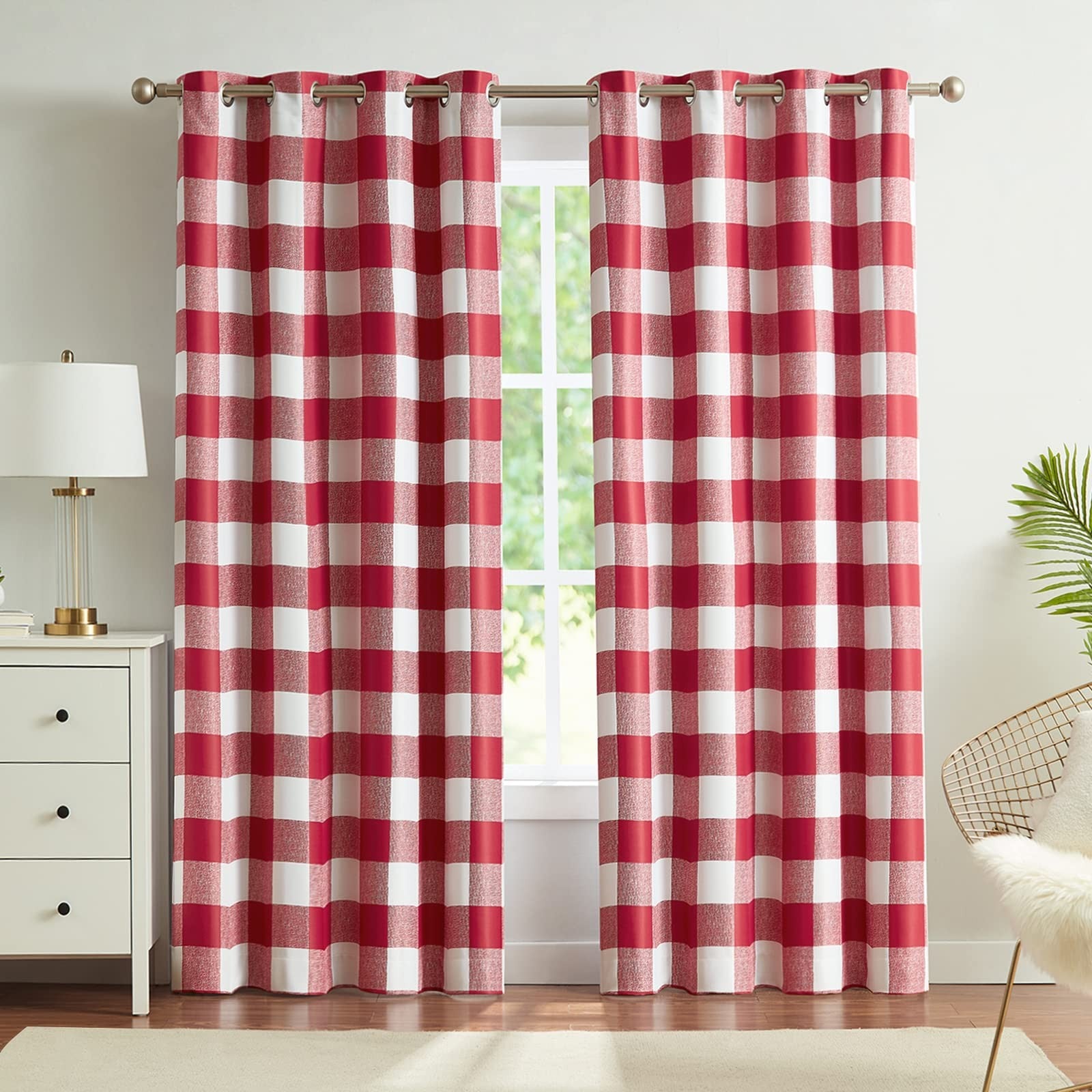 Melodieux Buffalo Check Plaid blackout curtains in black and white, 90 inches long, ideal for bedroom window decor.