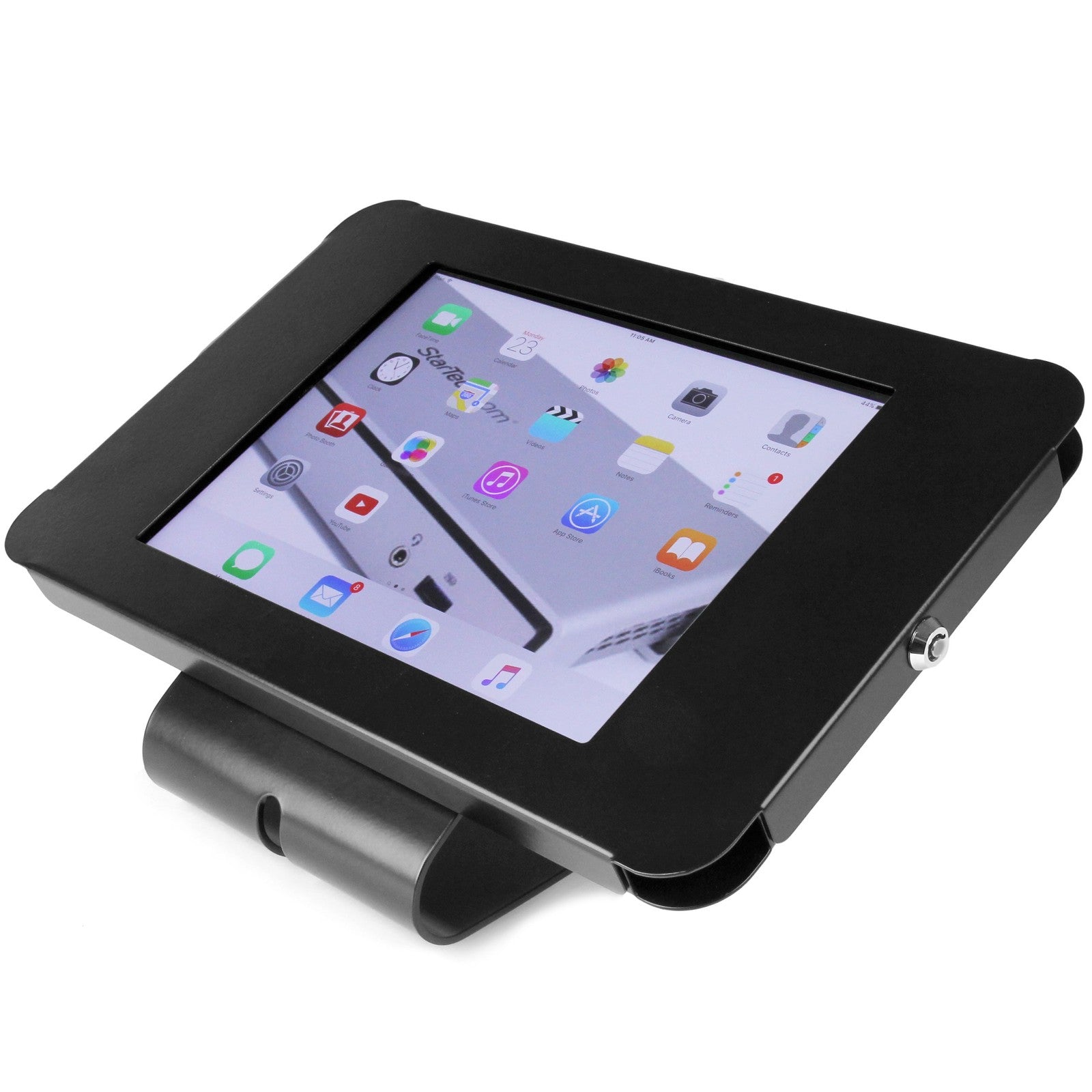 StarTech.com secure tablet enclosure stand with lock, anti-theft steel design, suitable for desk or wall mounting.
