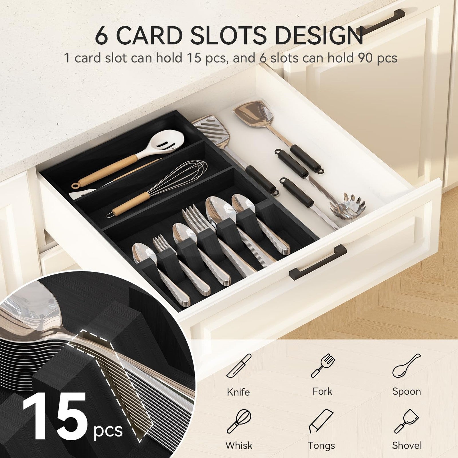 Yofidra Pure Bamboo Silverware Drawer Organizer with 3 compartments, 16.5 inches, ideal for kitchen utensil storage