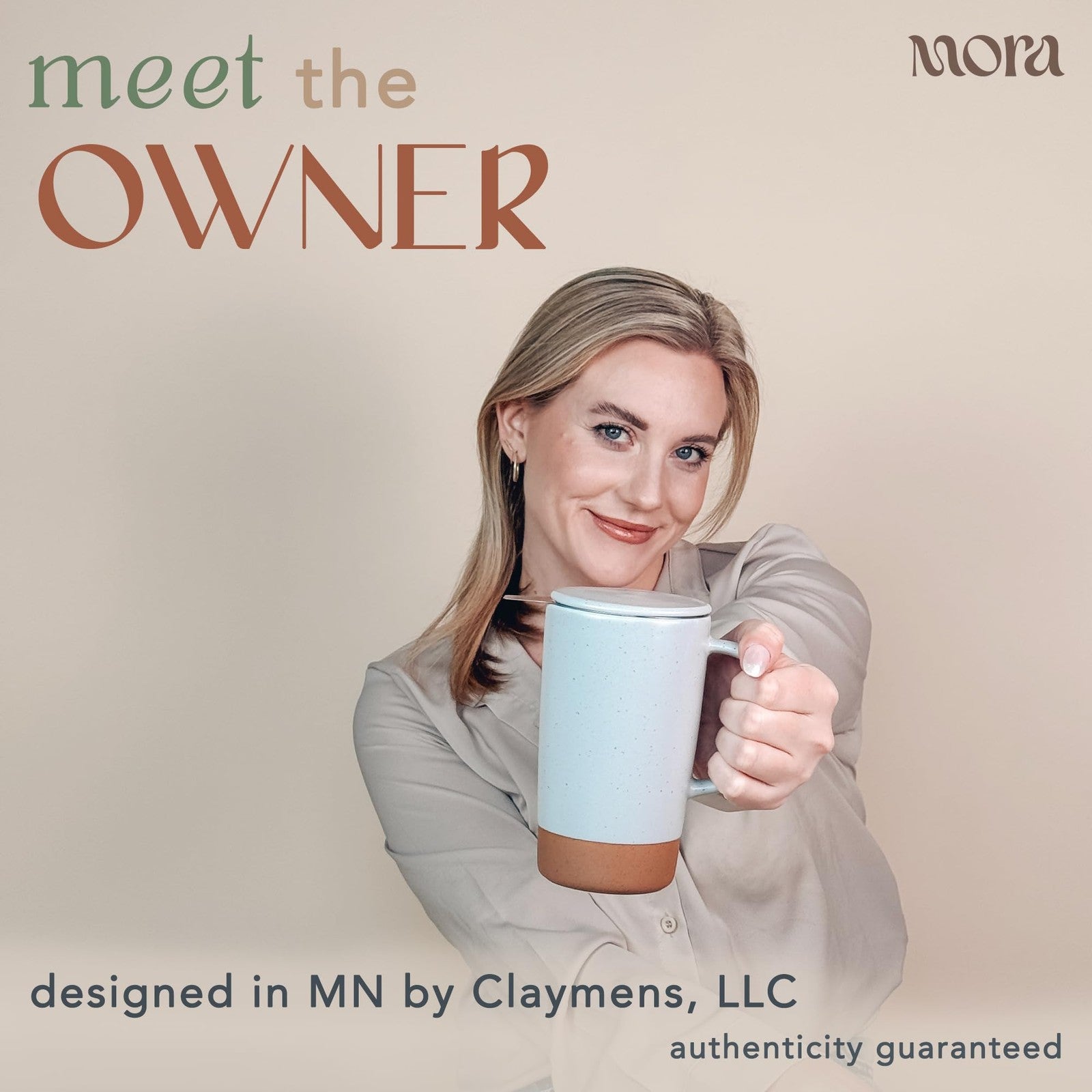 Large Mora Ceramics Hit Pause tea mug with loose leaf infuser, featuring a ceramic handle and a modern, minimalist design.