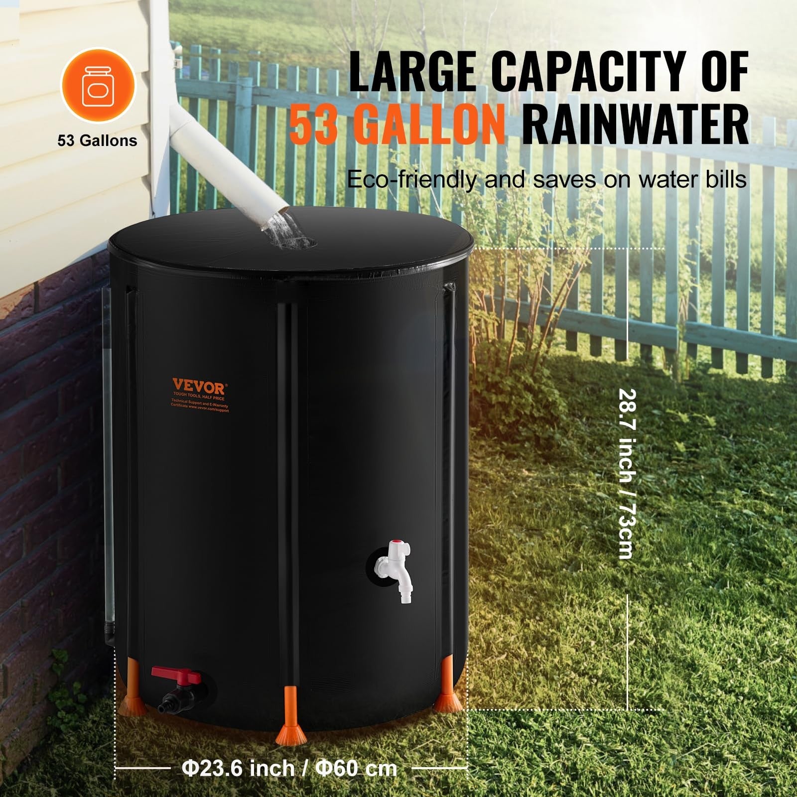 VEVOR 53-gallon collapsible rain barrel for collecting rainwater, portable water storage container in blue with spigot and lid.