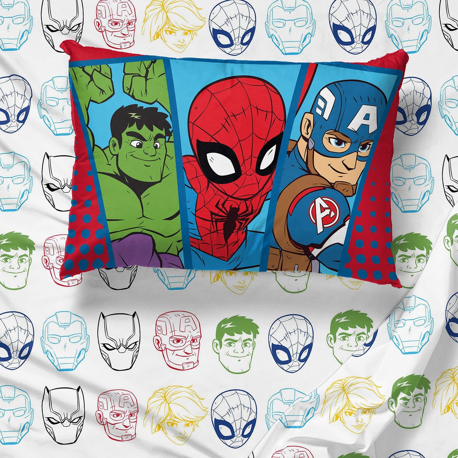 Jay Franco Marvel Super Hero Adventures toddler bed set featuring double team superhero characters and colorful bedding.