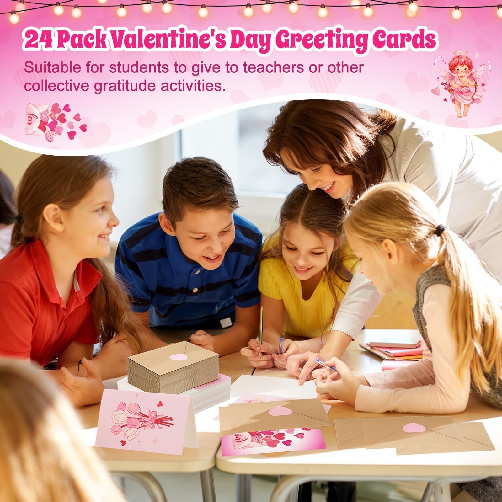 Set of 240 pink Valentine greeting cards with love heart designs and matching envelopes by Tenceur.
