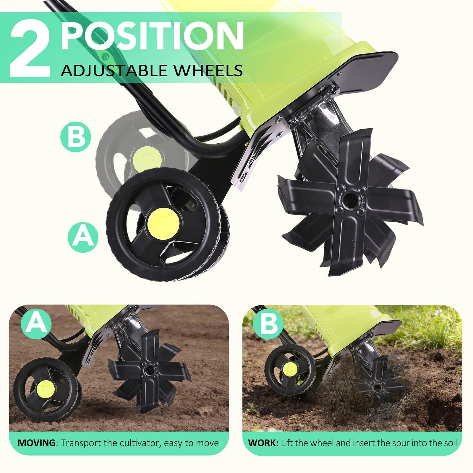 Small electric garden tiller with 13.5 Amp motor, corded cultivator for breaking up soil and preparing garden beds.