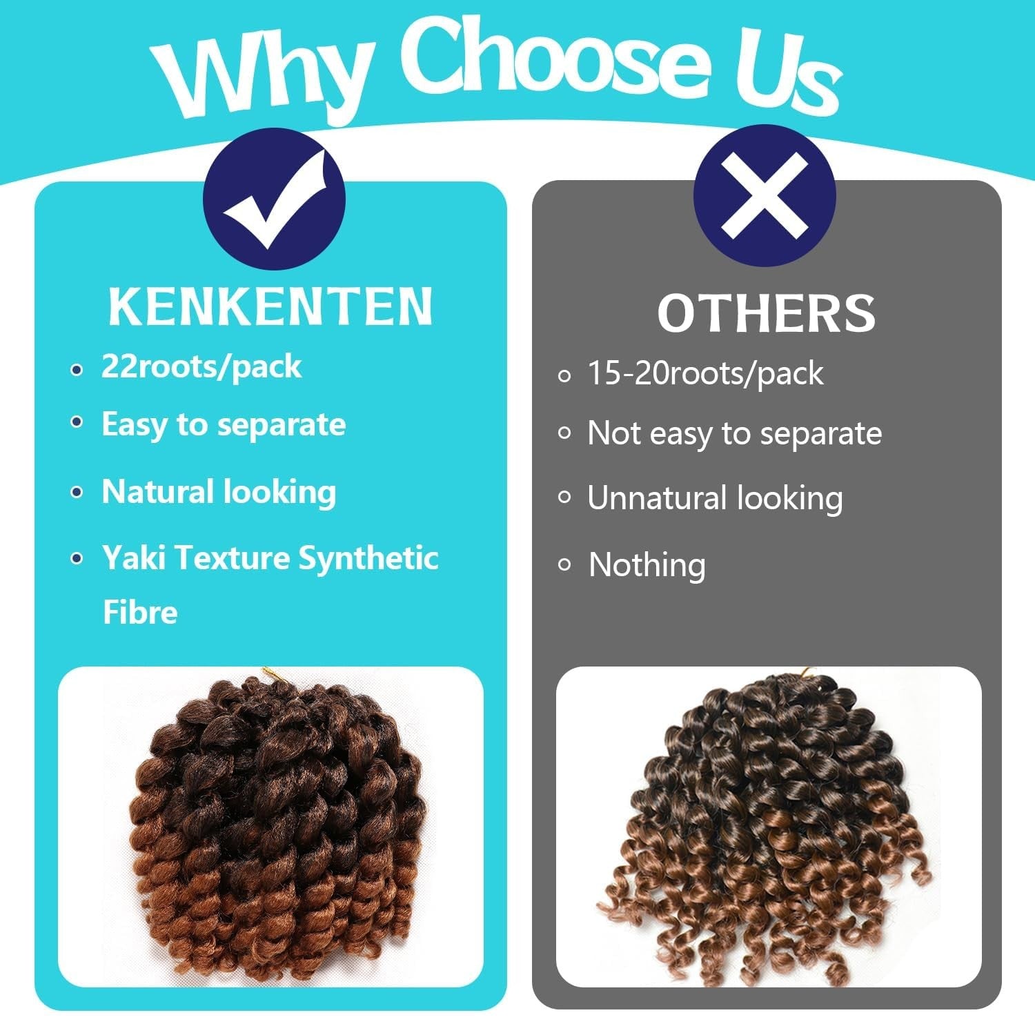 Kenkenten 8-inch Jamaican Bounce crochet hair with 22 curly strands, jumpy wand style, four packs of curly crochet hair.
