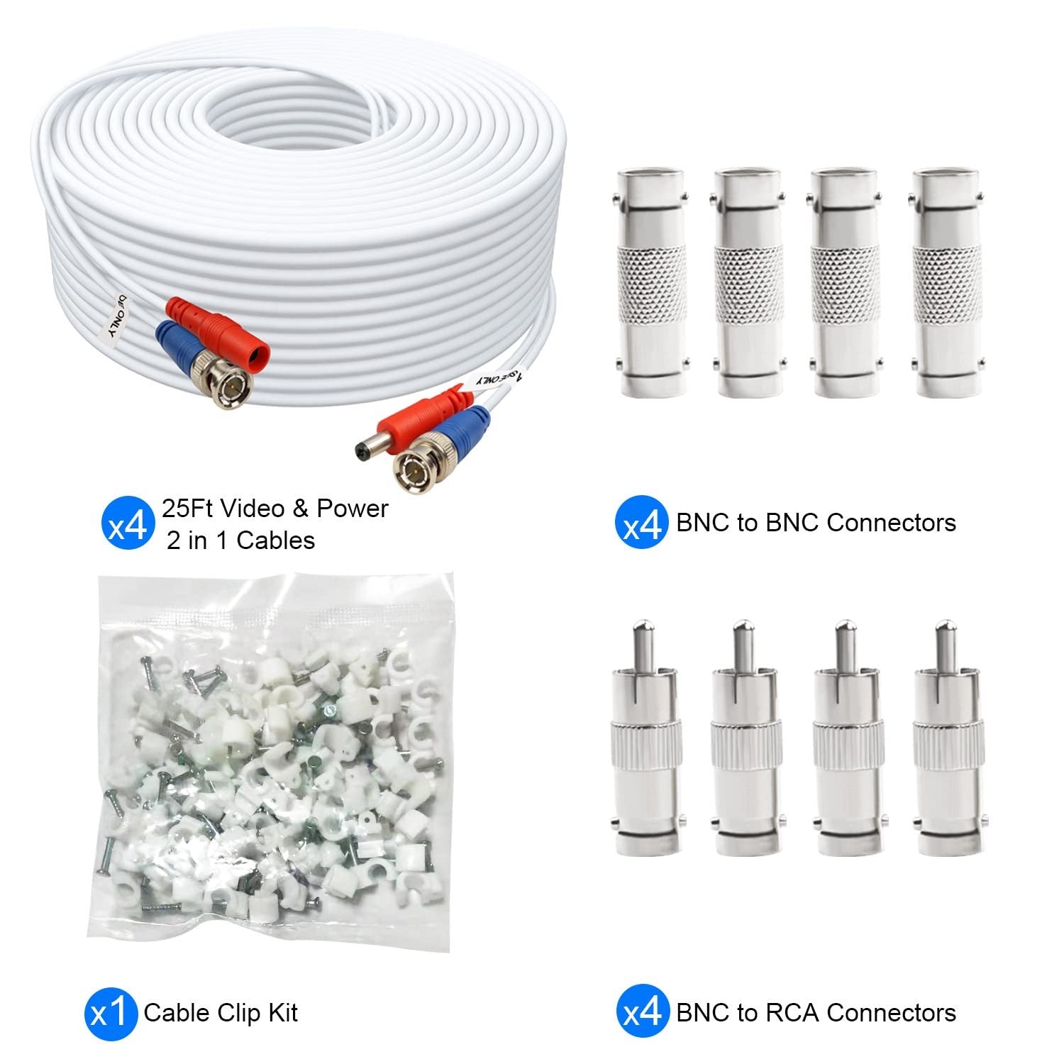 Aimyzii 25ft BNC video power security camera cables with adapters, four-pack, showing flexible connectors and cable ends.