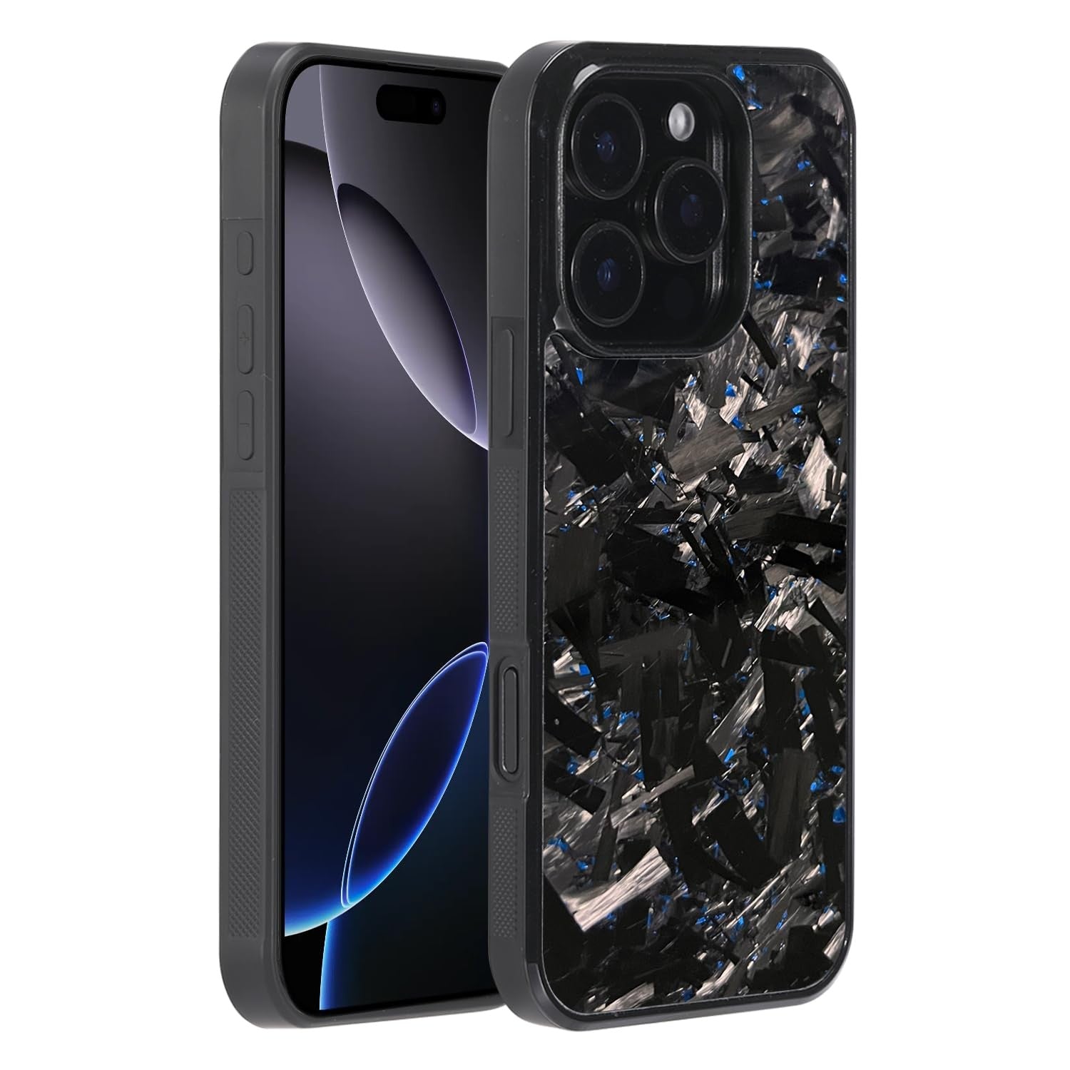 molzar Grip Series iPhone 16 Pro case featuring real forged carbon fiber with a textured, grippy surface.