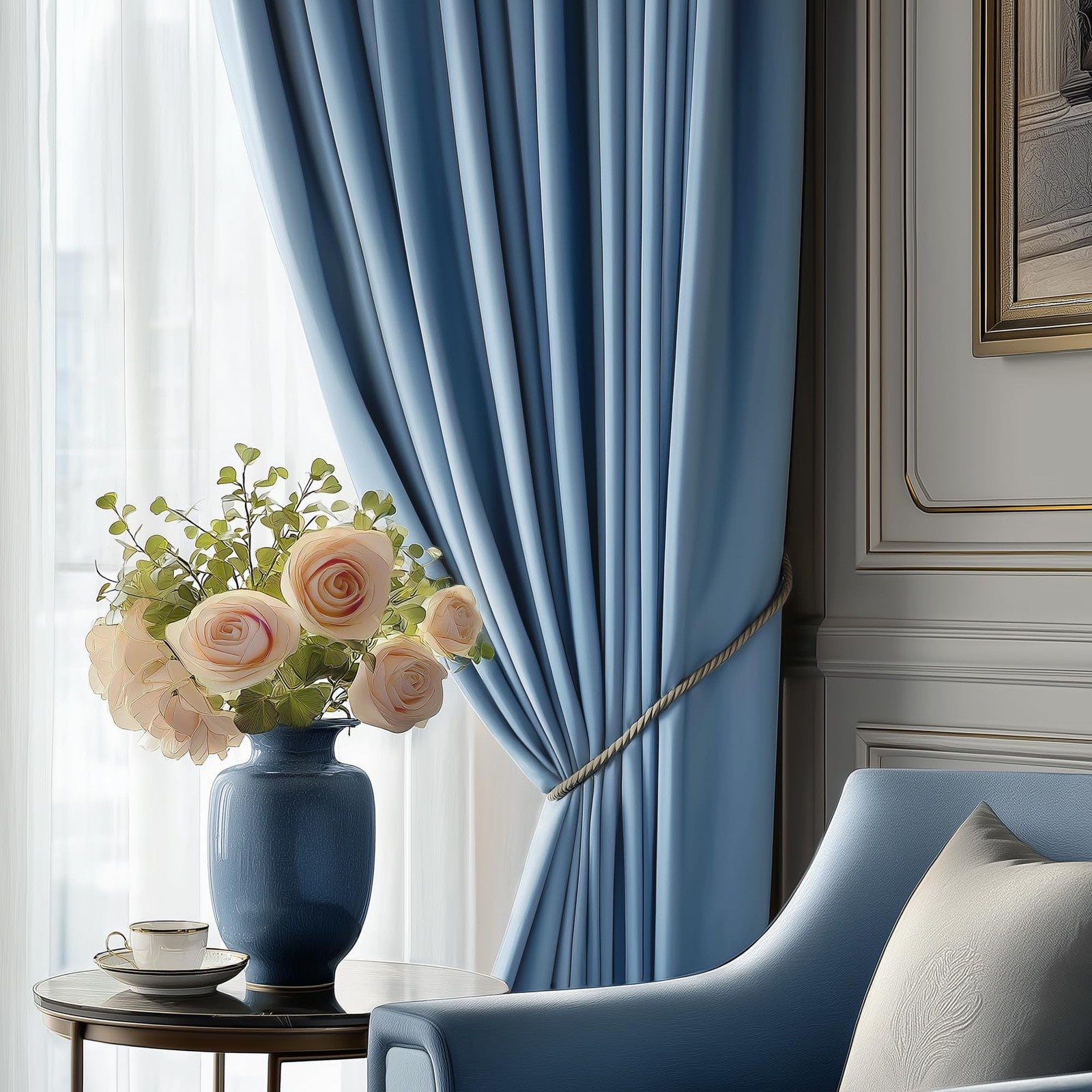 FMFUNCTEX velvet blackout curtains in blue with thermal insulation, ideal for bedroom privacy and light blocking.