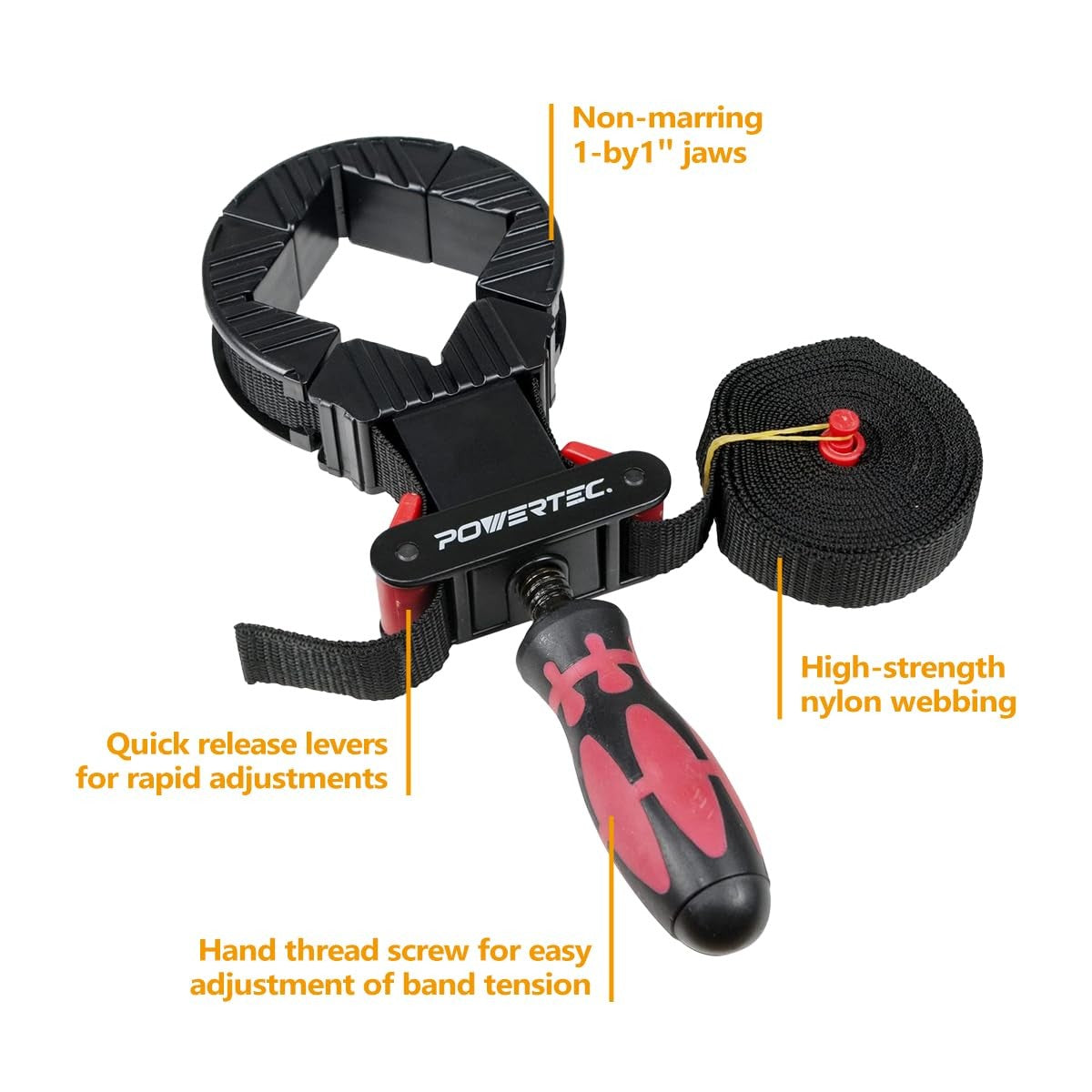 POWERTEC 72208 Deluxe quick release strap clamp and spring clamps set for woodworking, showing clamps with handles and adjustable straps.