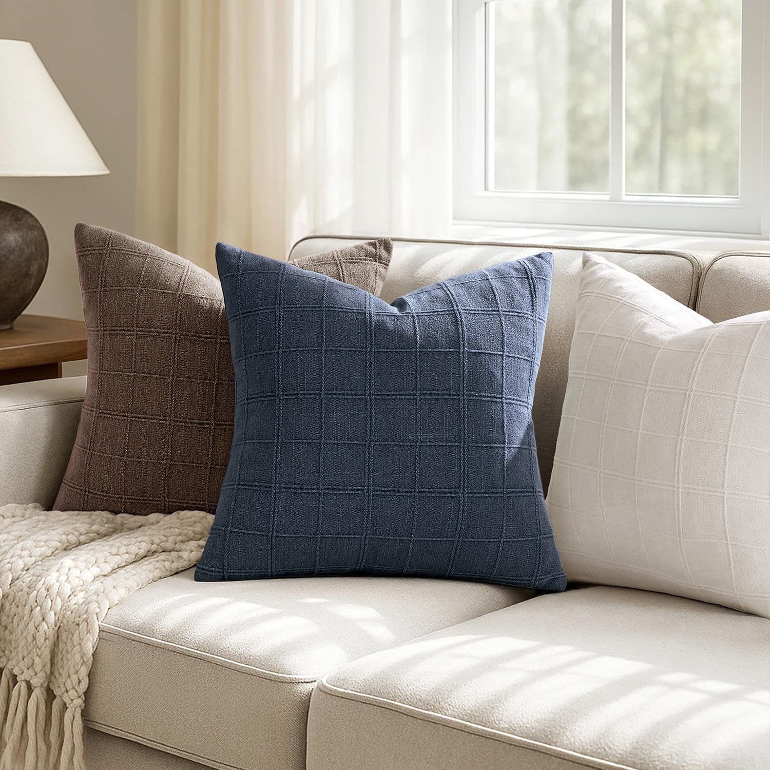Dark blue linen check throw pillow cover by Woaboy featuring farmhouse modern boho vintage style fabric.