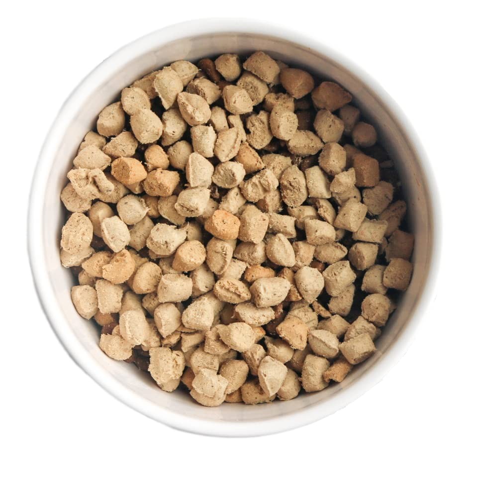 Tender & True Farmers Market Recipe freeze-dried raw dog food in 1 lb. bag, showing textured raw pet nutrition for dogs.