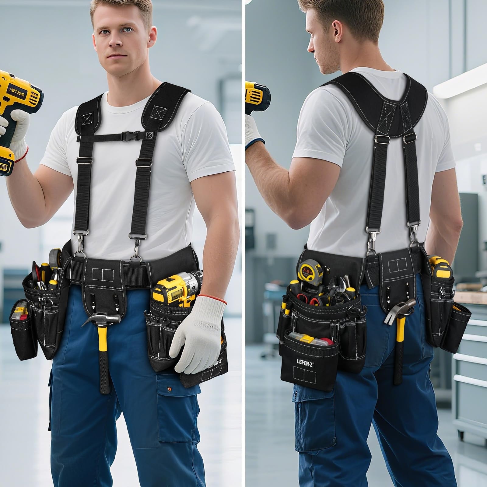 LEFOR·Z heavy-duty tool belt with suspenders and 27 pockets, featuring magnetic tool holders for men.