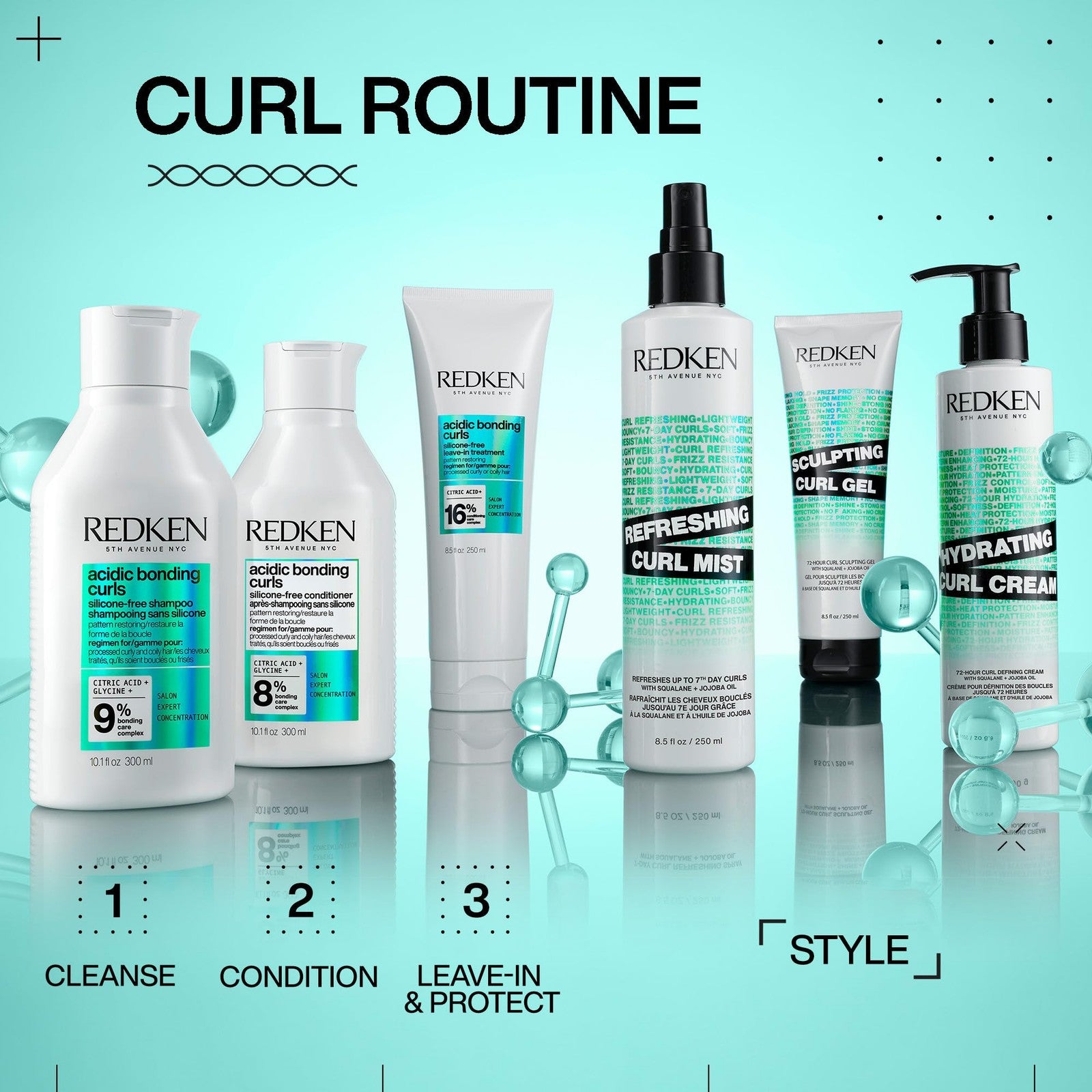 Redken Curl Refreshing Spray for curly and coily hair, featuring a clear bottle with a spray nozzle and product label.