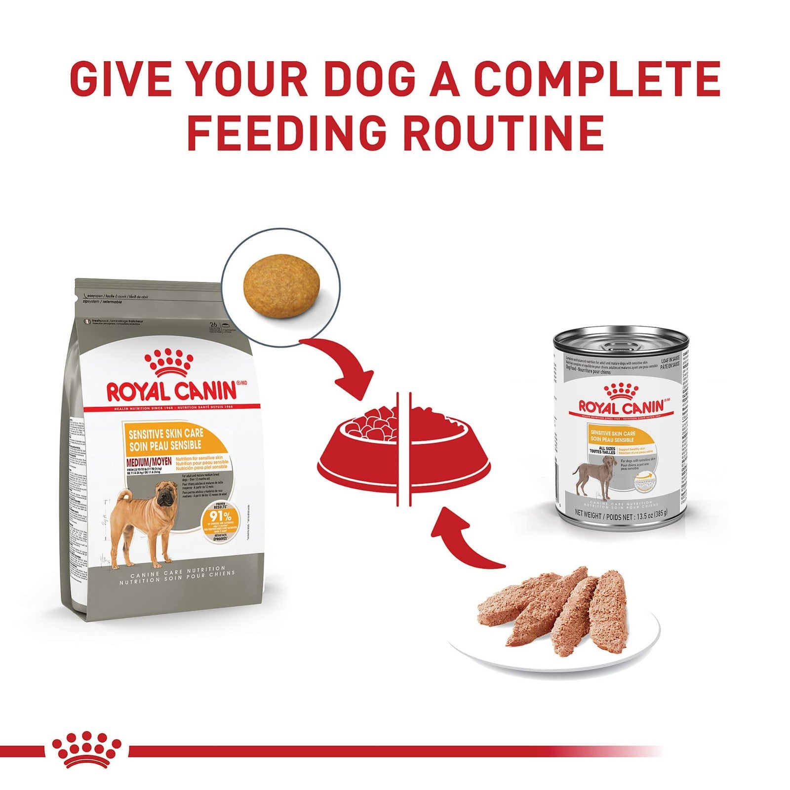Royal Canin Canine Care Nutrition Medium Sensitive Skin Care adult dry dog food bag with image of the product packaging
