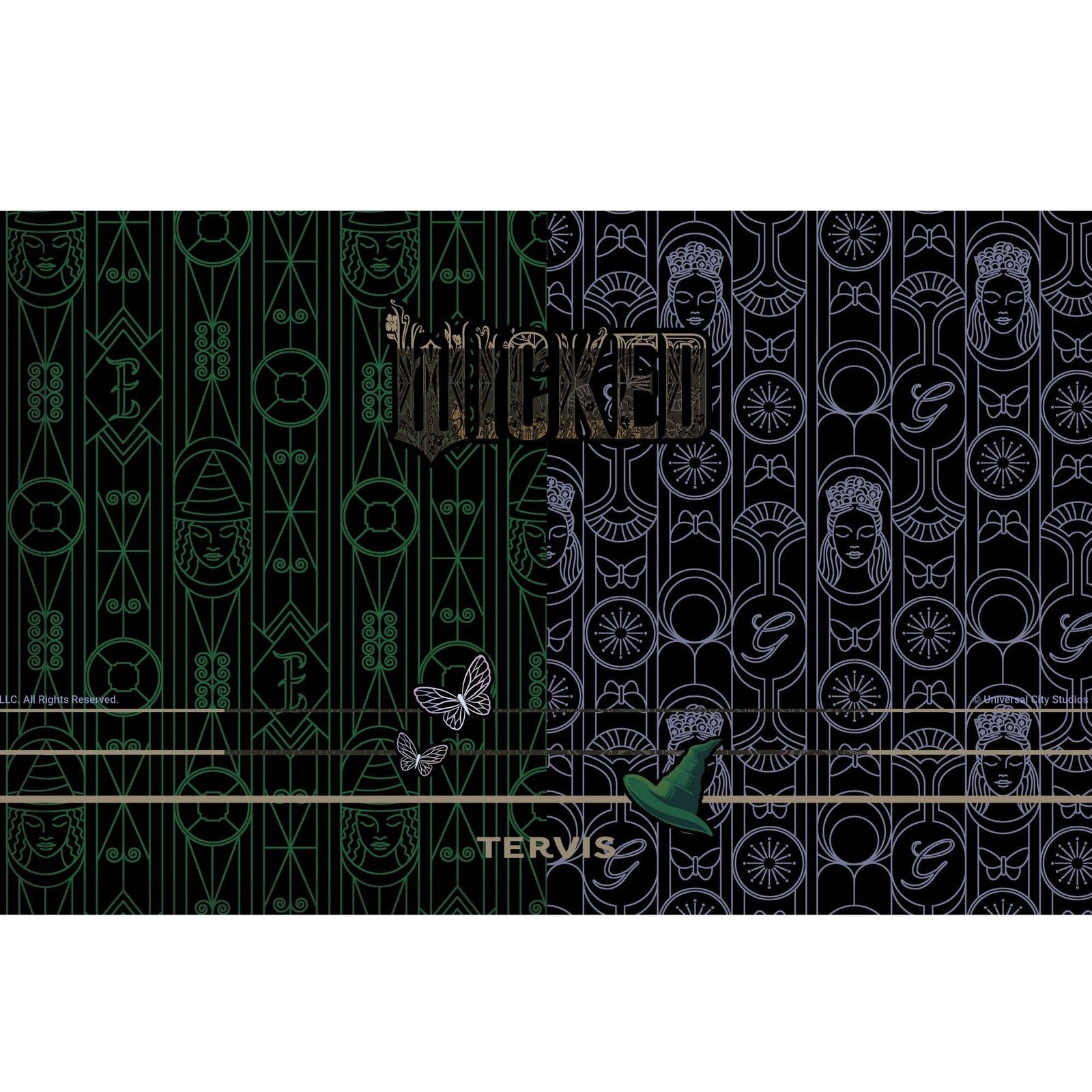 Tervis Wicked For Good gold triple insulated traveler tumbler with lid, designed for hot and cold beverages.