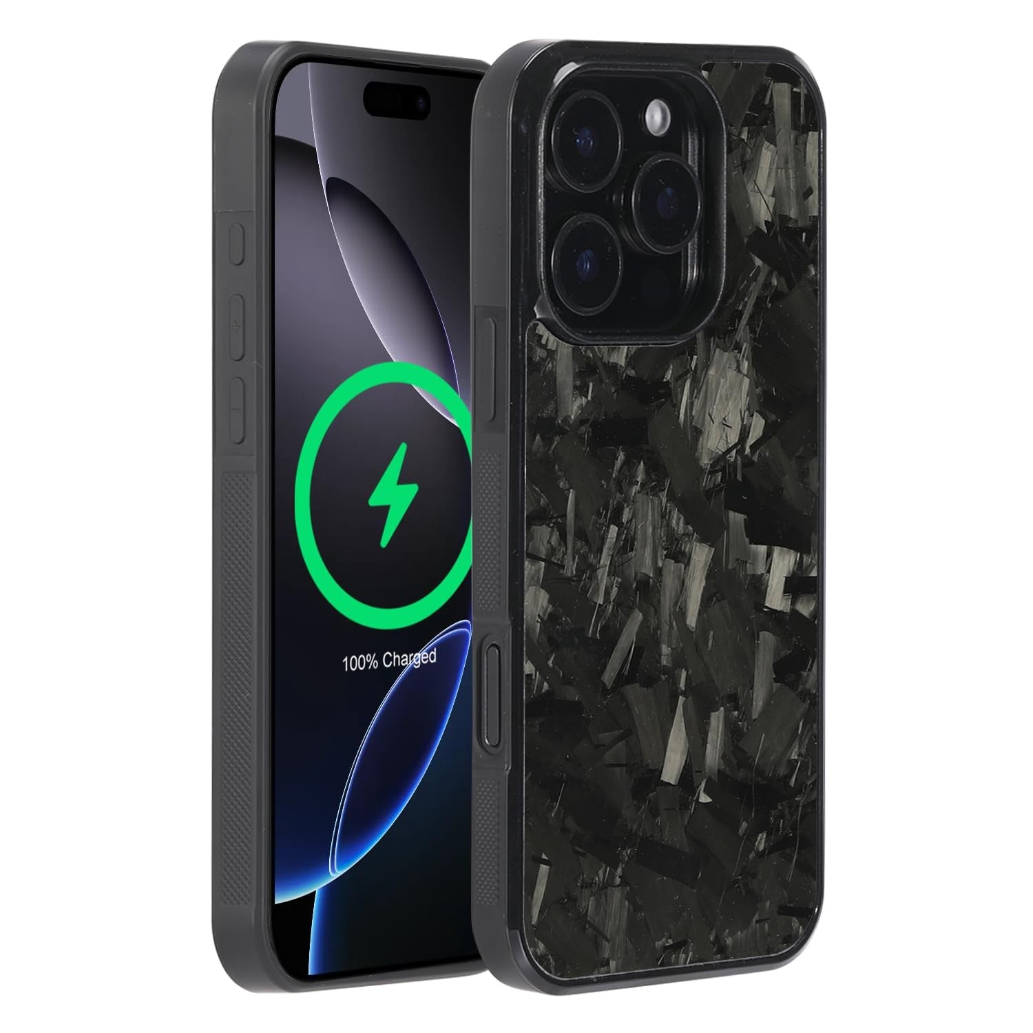 Molzar Grip Series iPhone 16 Pro case featuring real forged carbon fiber with textured grip design.