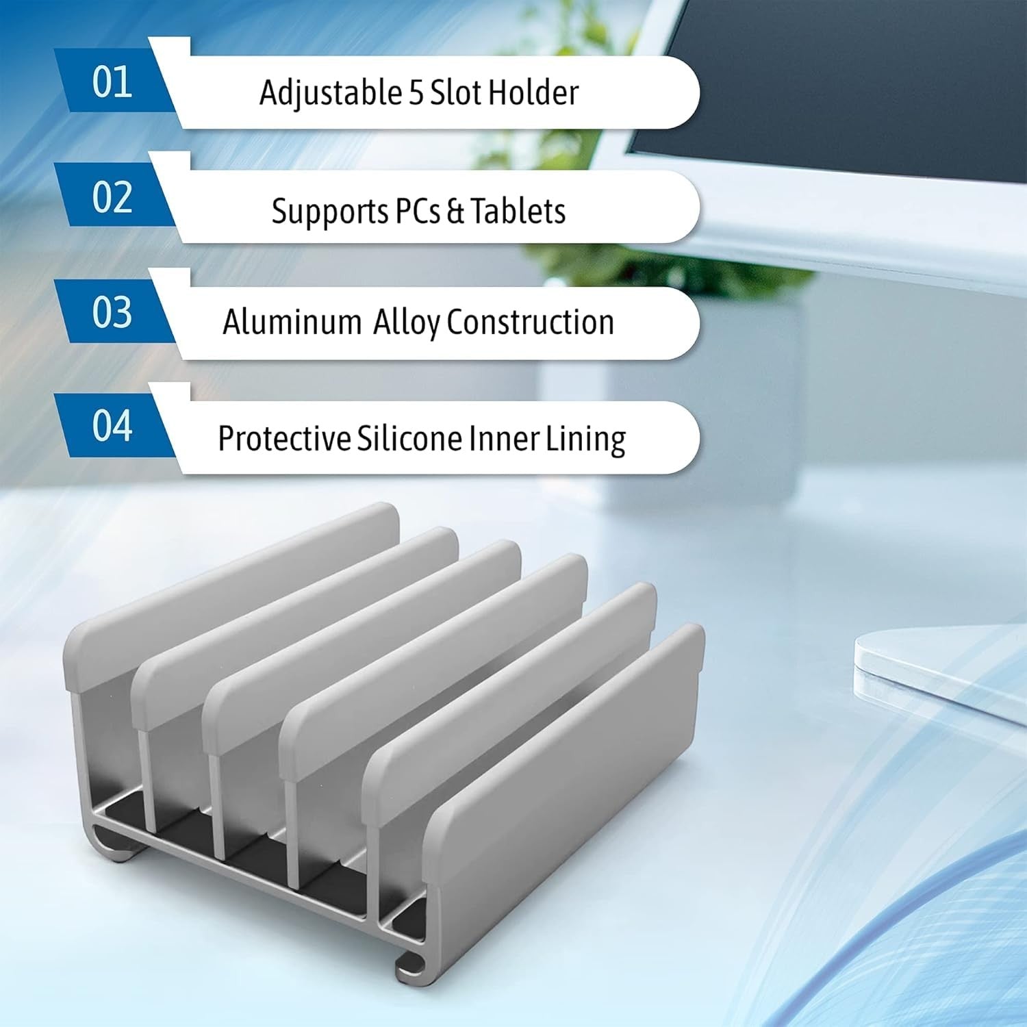 Elestoria 5-slot vertical aluminum laptop stand showing five slots for holding laptops in an upright position.
