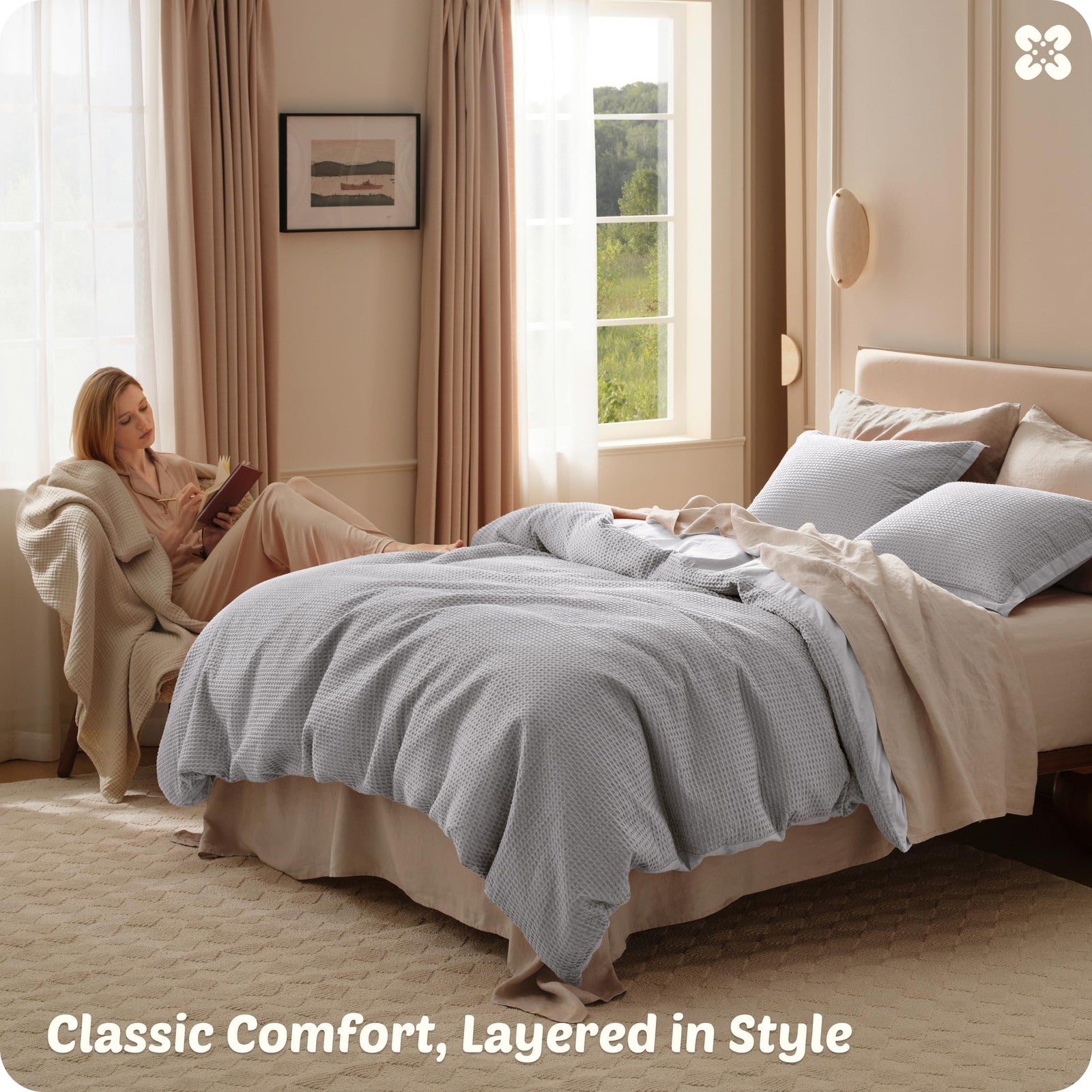 Bedsure cotton duvet cover in grey with waffle weave texture, queen size bedding made of 100% cotton.