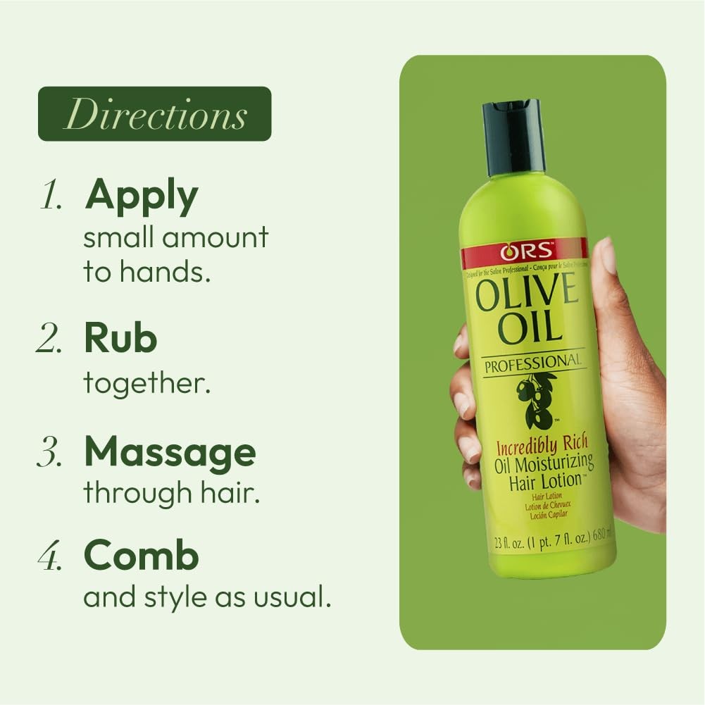 ORS Olive Oil Professional Incredibly Rich Oil Moisturizing Hair Lotion bottle, 23 ounces, with olive oil for healthy, nourished hair