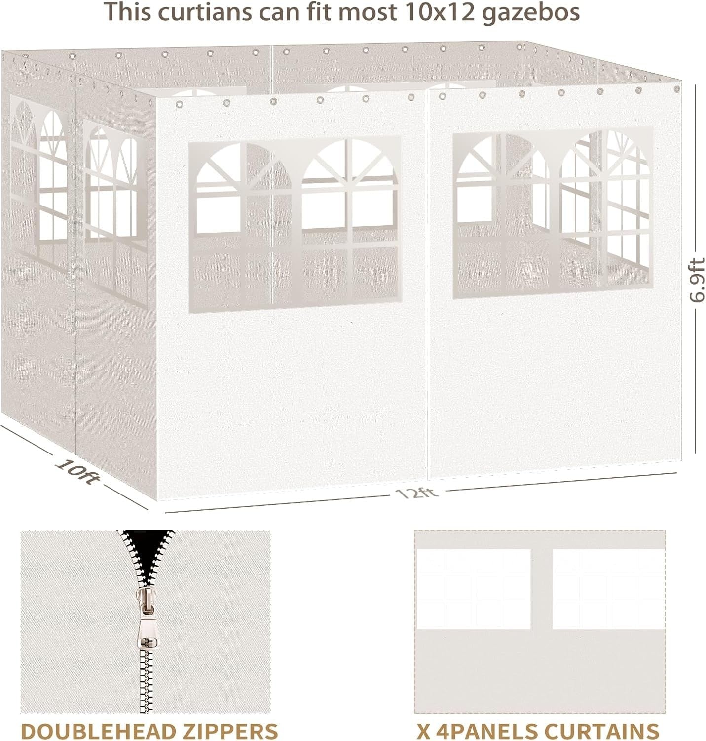 Aset of unbranded Aonear Gazebo privacy curtains with PVC windows, 10x12 feet, four-panel side walls with zippers