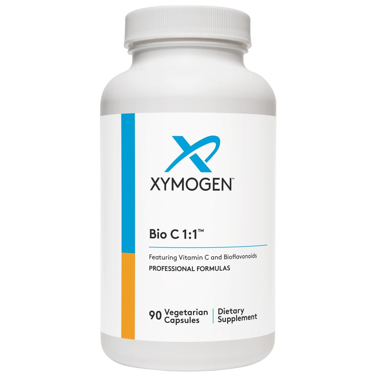 Bottle of Xymogen Bio C 11 vitamin C supplement with citrus bioflavonoids, designed to support immune health.