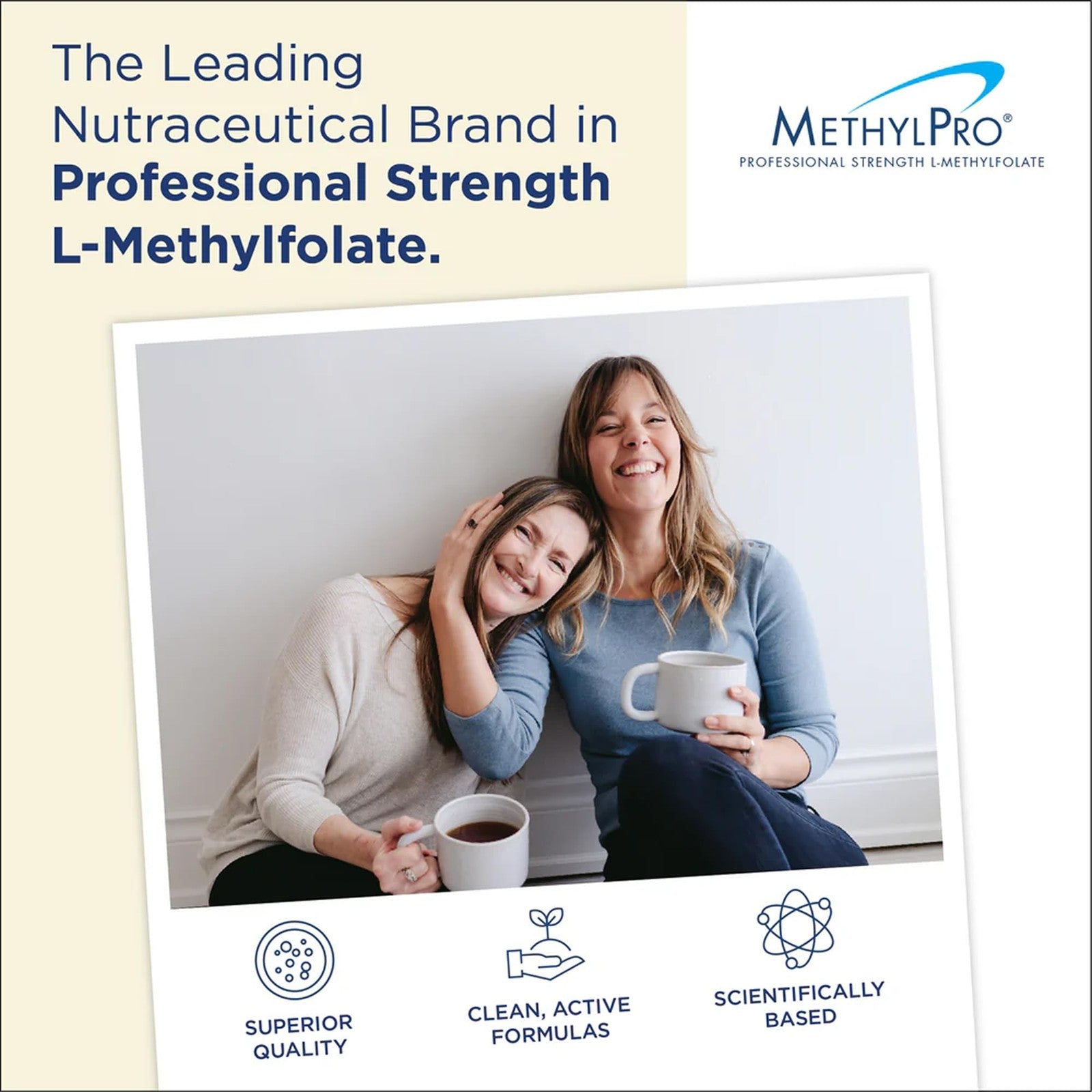 MethylPro L-Methylfolate 15mg supplement bottle with 30 capsules, featuring B12 and B6 for brain focus and calm support