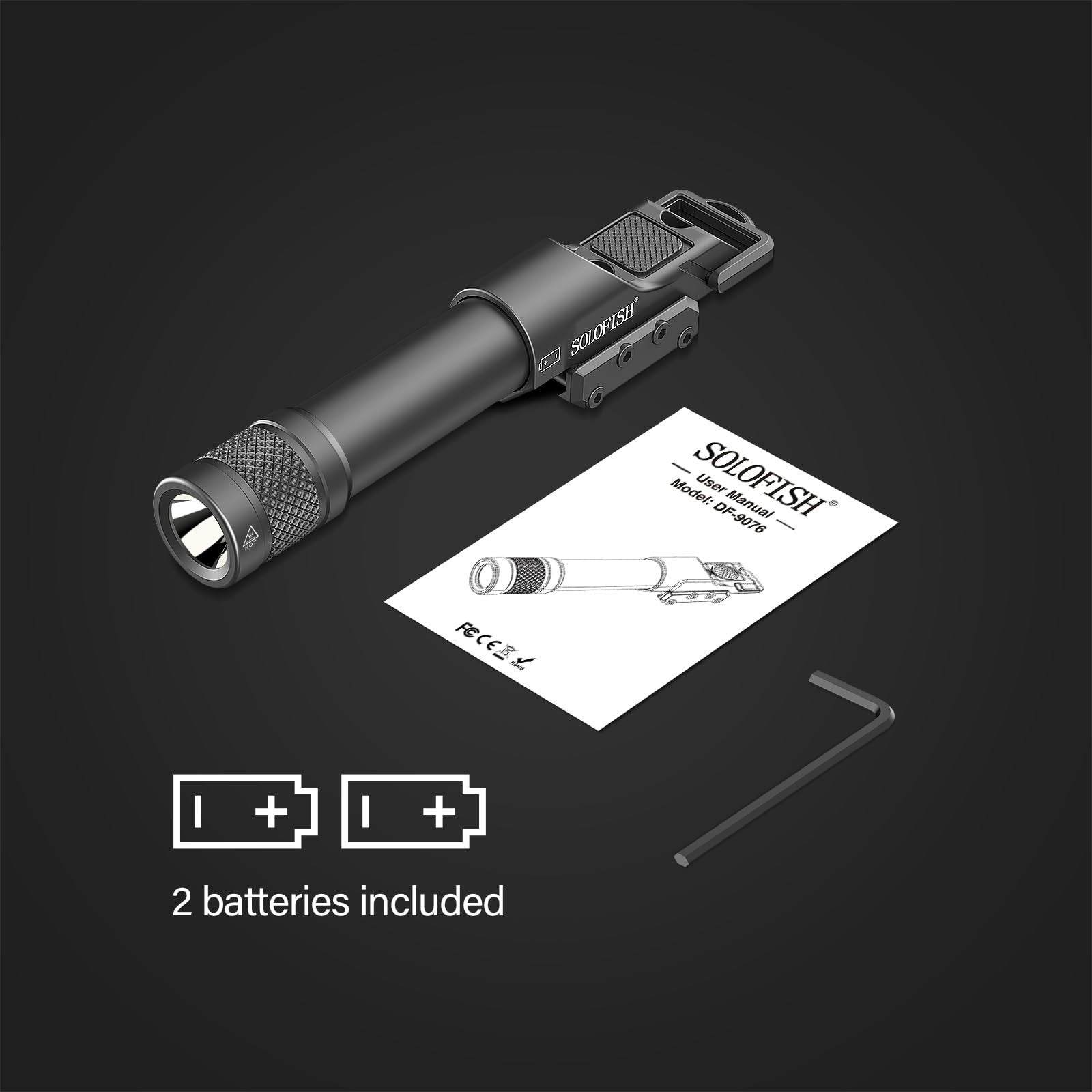 Solofish 1450lm aluminum flashlight for Picatinny and Mlok rails with batteries included, showing the compact tactical design and mounting system.
