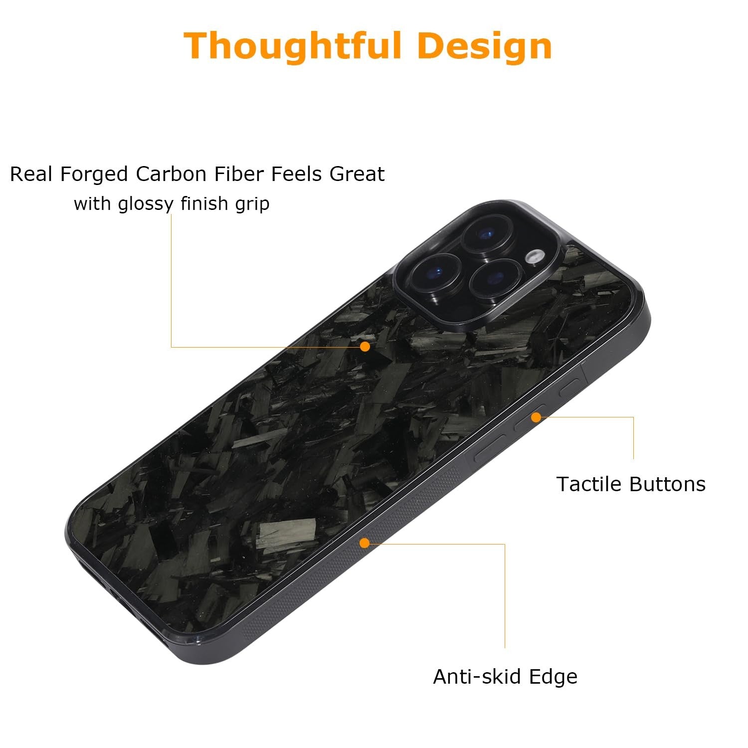 molzar Grip Series iPhone 16 Pro Max case with forged carbon fiber texture, showing the sleek, durable design and precise cutouts.
