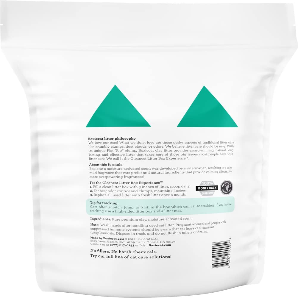 Boxie Cat Litter 16 lb clumping clay box with scoop and cleanup tools, showing the premium Boxiecat clumping cat litter in a tidy setup.