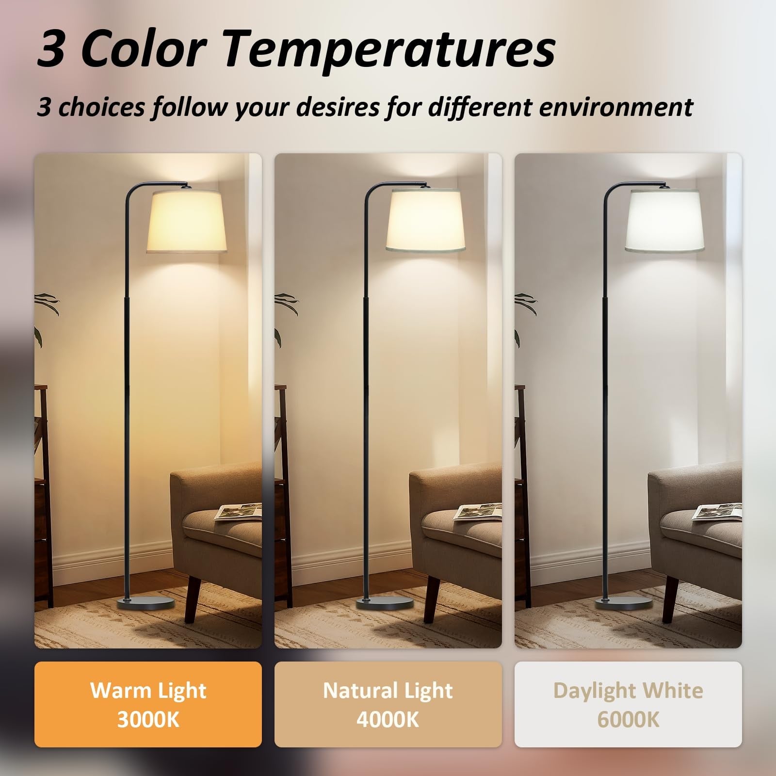 AKASUKI floor lamp for living room with three color temperatures and foot switch, standing design with adjustable lighting.