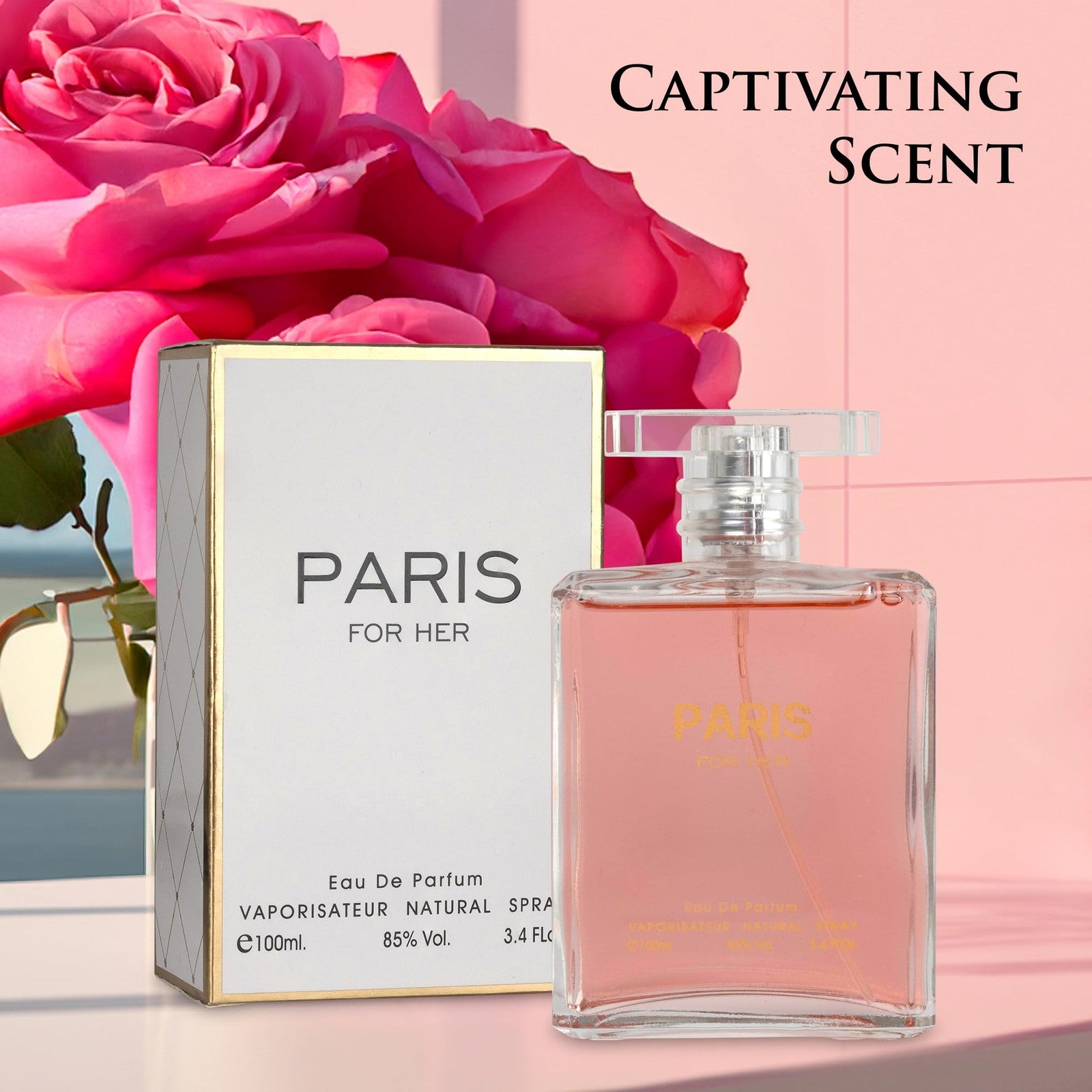 Novoglow Paris For Her Eau De Parfum spray bottle with elegant packaging for women’s daytime fragrance.