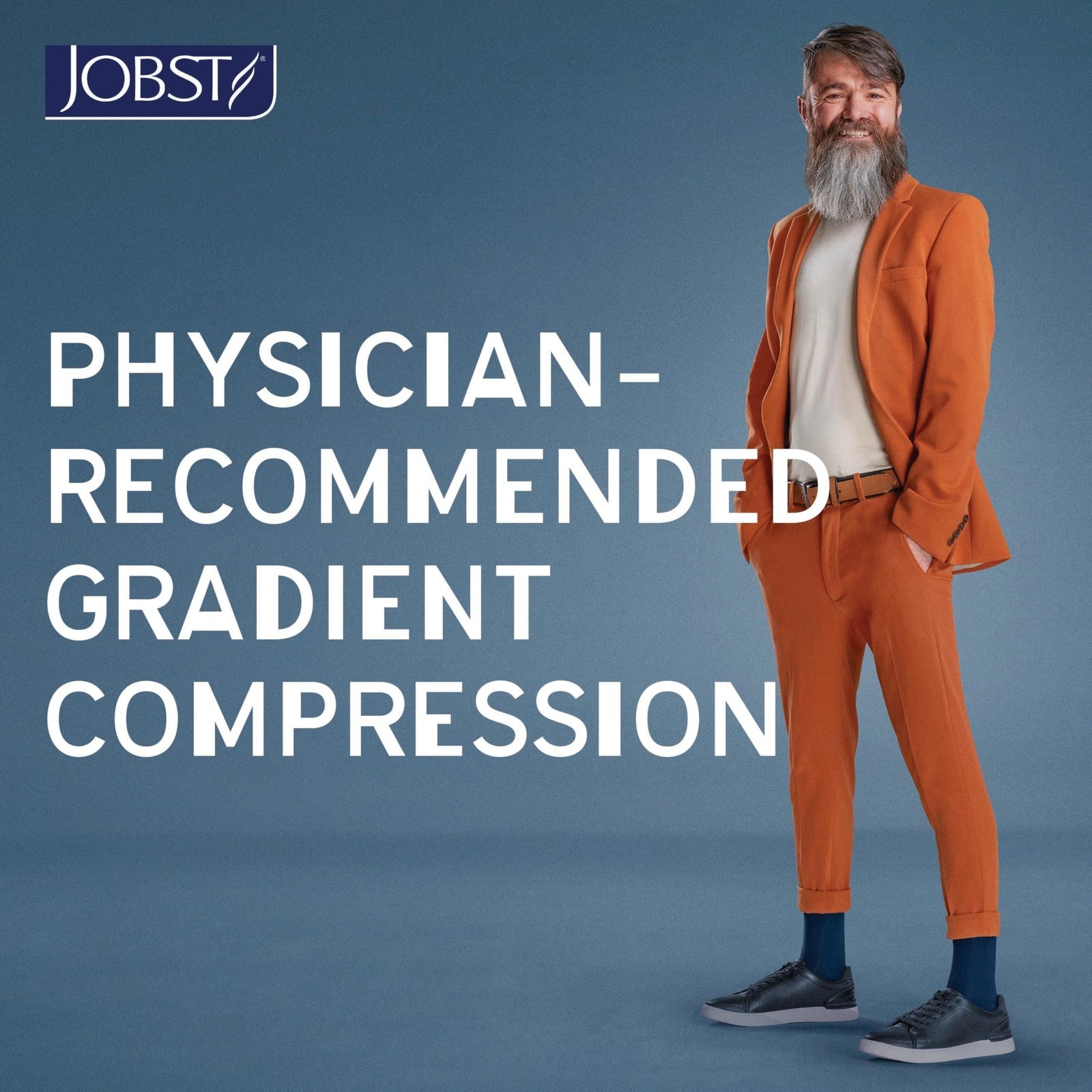 JOBST forMen compression knee-high socks with SoftFit band, 15-20 mmHg, closed toe, designed for improved leg support.