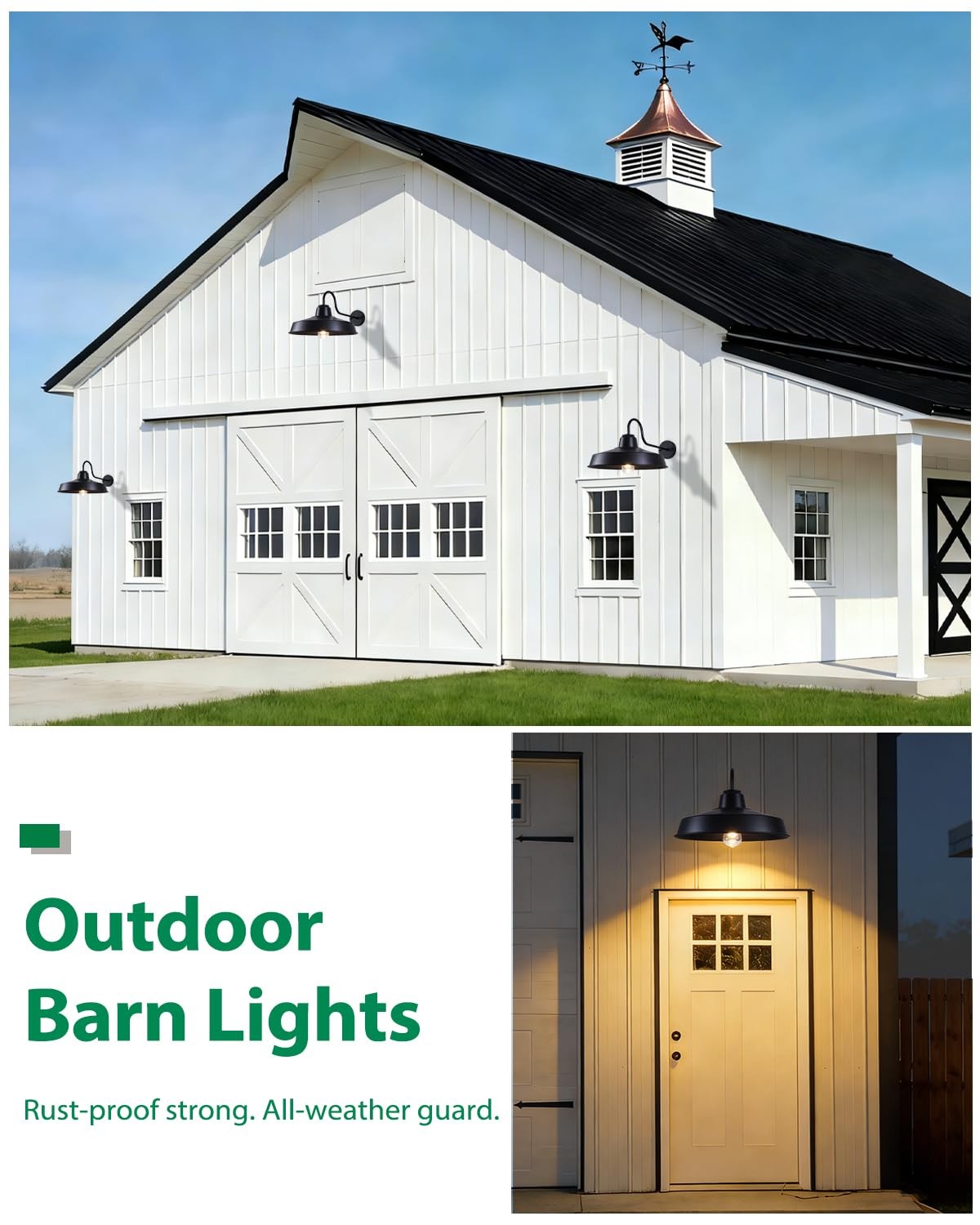 Large outdoor barn wall lights by Mloukuku, farmhouse-style fixtures in a 2-pack, 16-inch metal light with clear glass panels.
